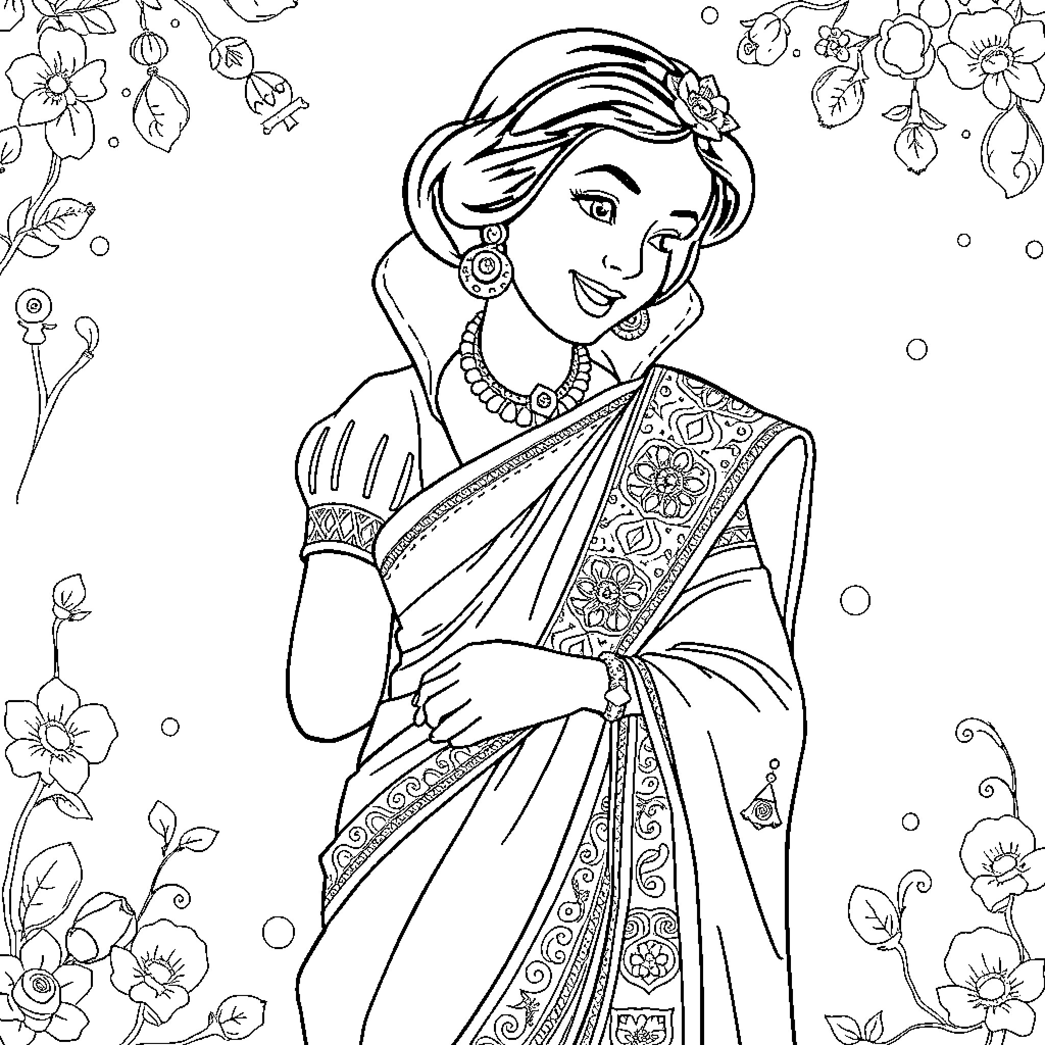 Snow White in Traditional Indian Costume with Floral Accents Coloring Page (free black-and-white line drawing printable PDF for all, from beginners to advanced learners, including children, teens, adults, and seniors)