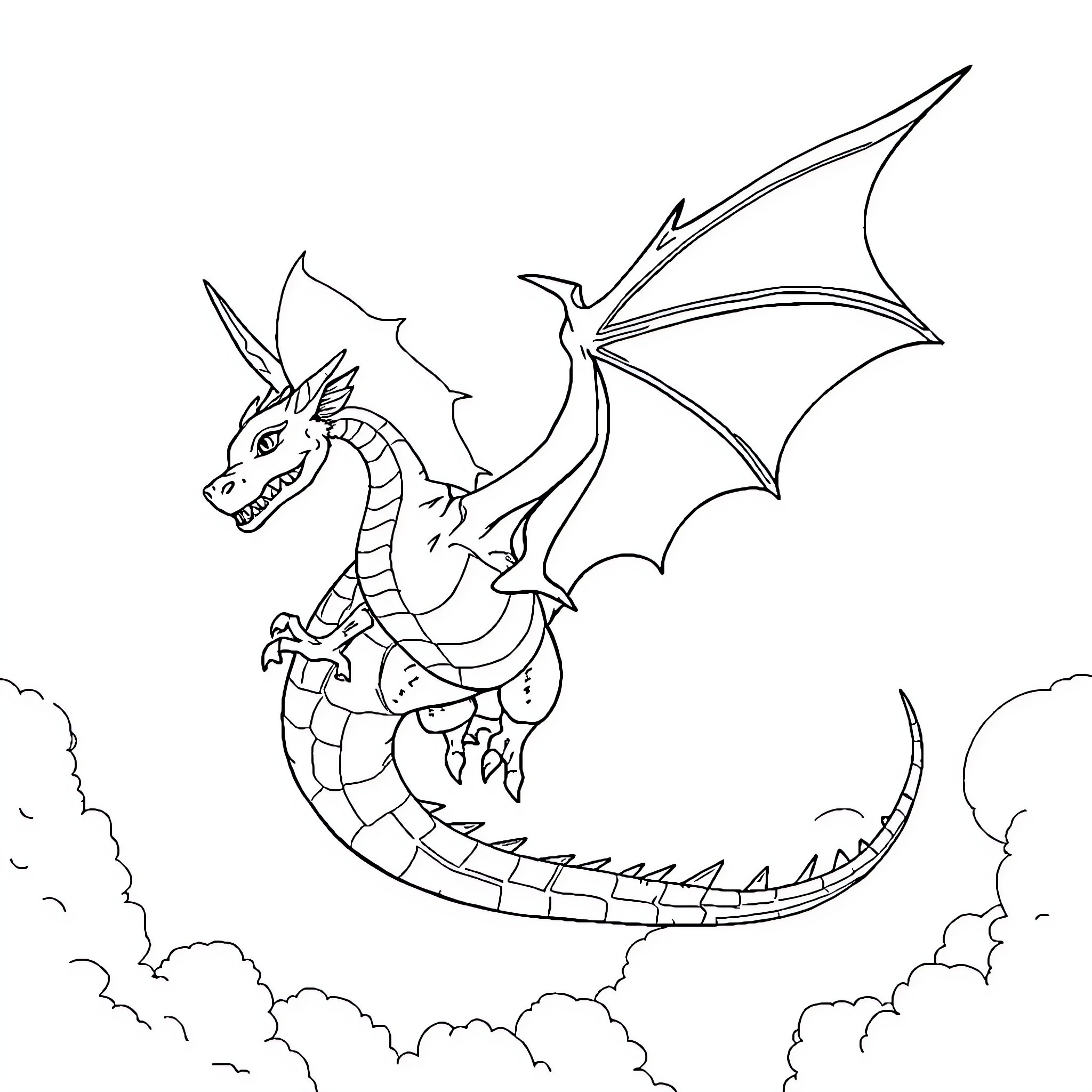 Dragon soaring gracefully through the clouds Coloring Page (free black-and-white line drawing printable PDF for all, from beginners to advanced learners, including children, teens, adults, and seniors)