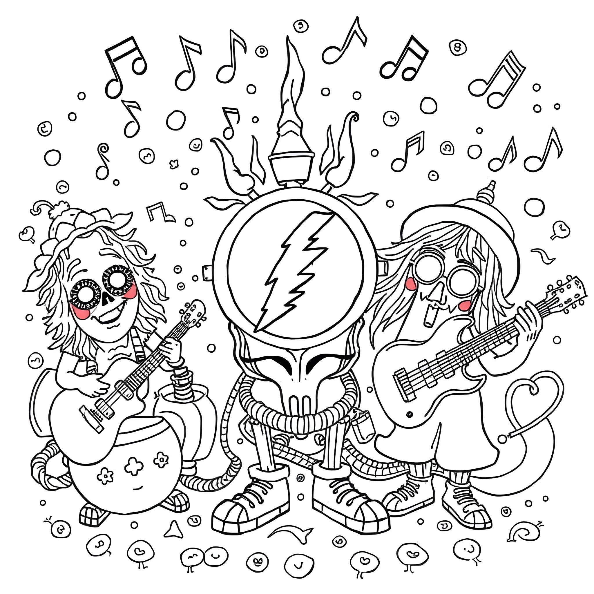 Grateful Dead performing a lively concert with music notes Coloring Page (free black-and-white line drawing printable PDF for all, from beginners to advanced learners, including children, teens, adults, and seniors)