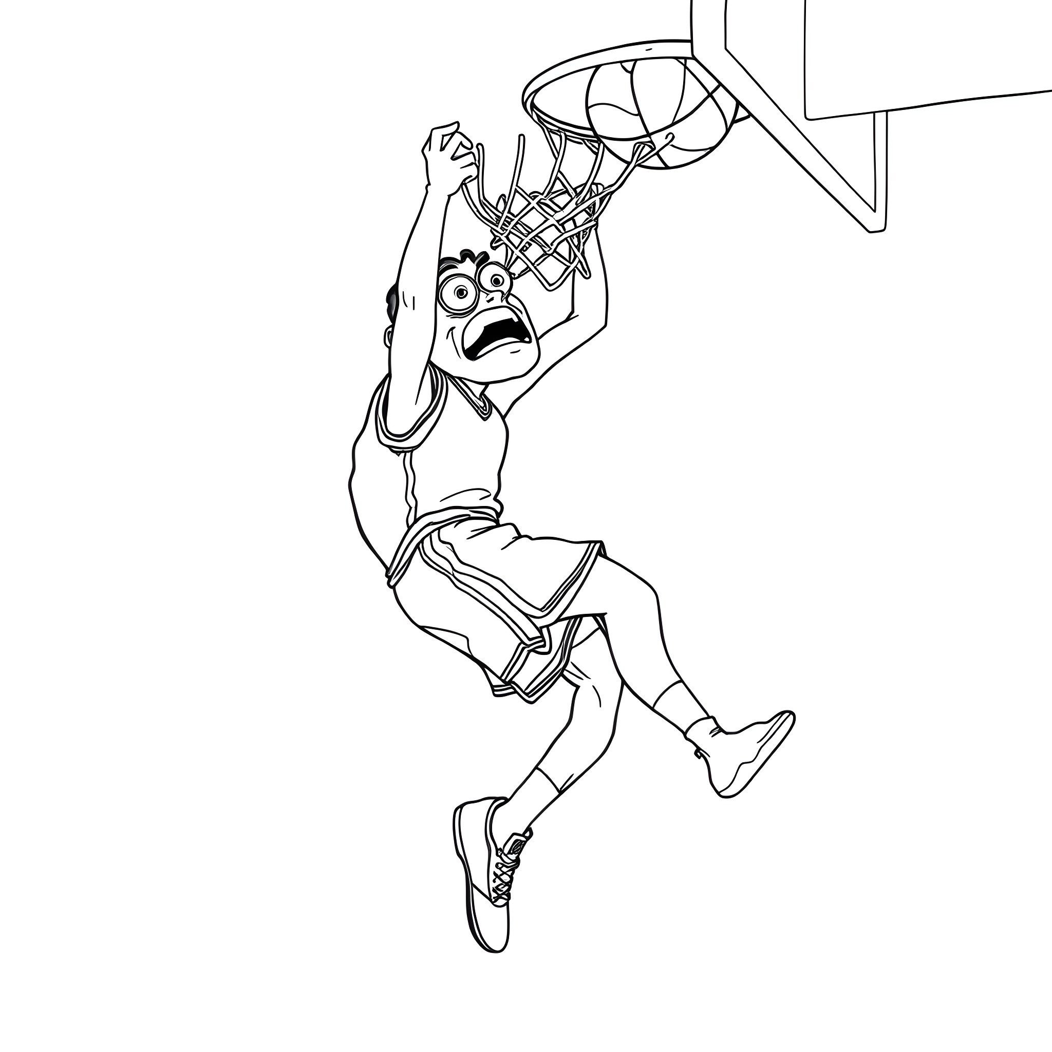 Beholder Basketball Player Slam Dunking Coloring Page (free black-and-white line drawing printable PDF for all, from beginners to advanced learners, including children, teens, adults, and seniors)