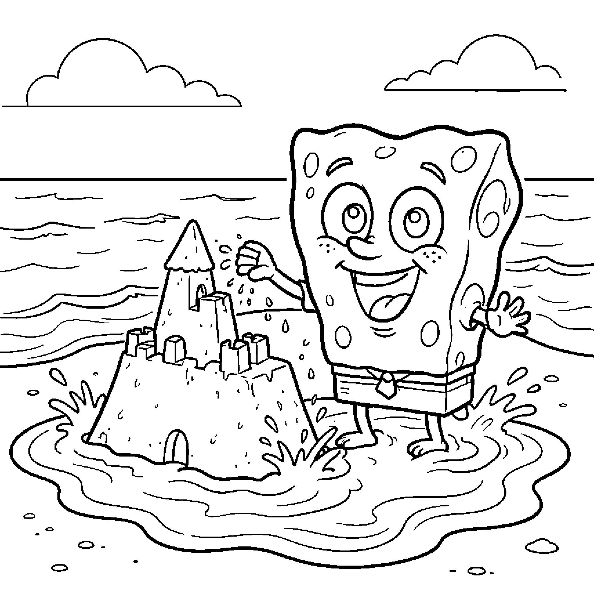 Spongebob smiling happily next to a sandcastle Coloring Page (free black-and-white line drawing printable PDF for all, from beginners to advanced learners, including children, teens, adults, and seniors)