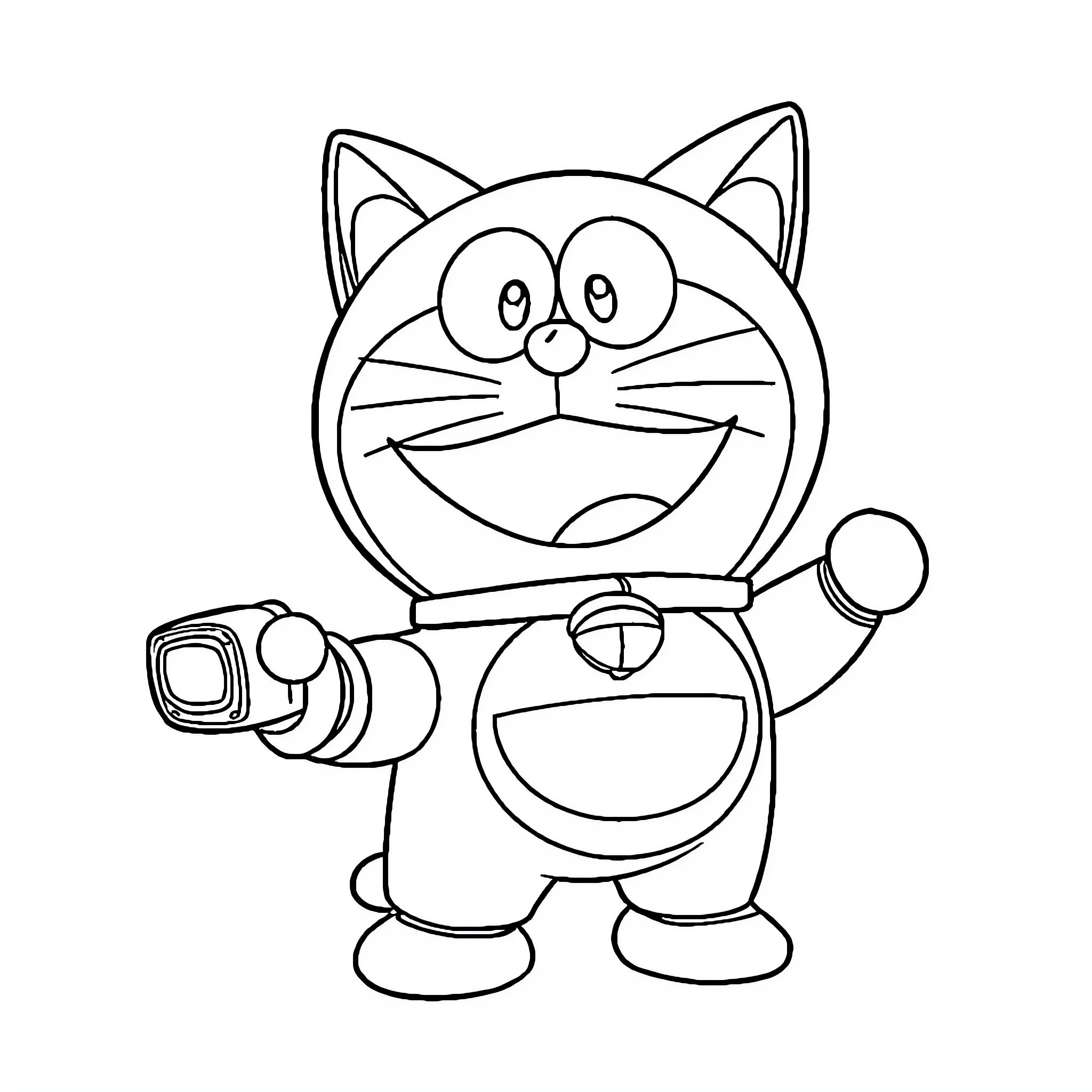 Doremon, a robotic cat with a friendly expression Coloring Page (free black-and-white line drawing printable PDF for all, from beginners to advanced learners, including children, teens, adults, and seniors)