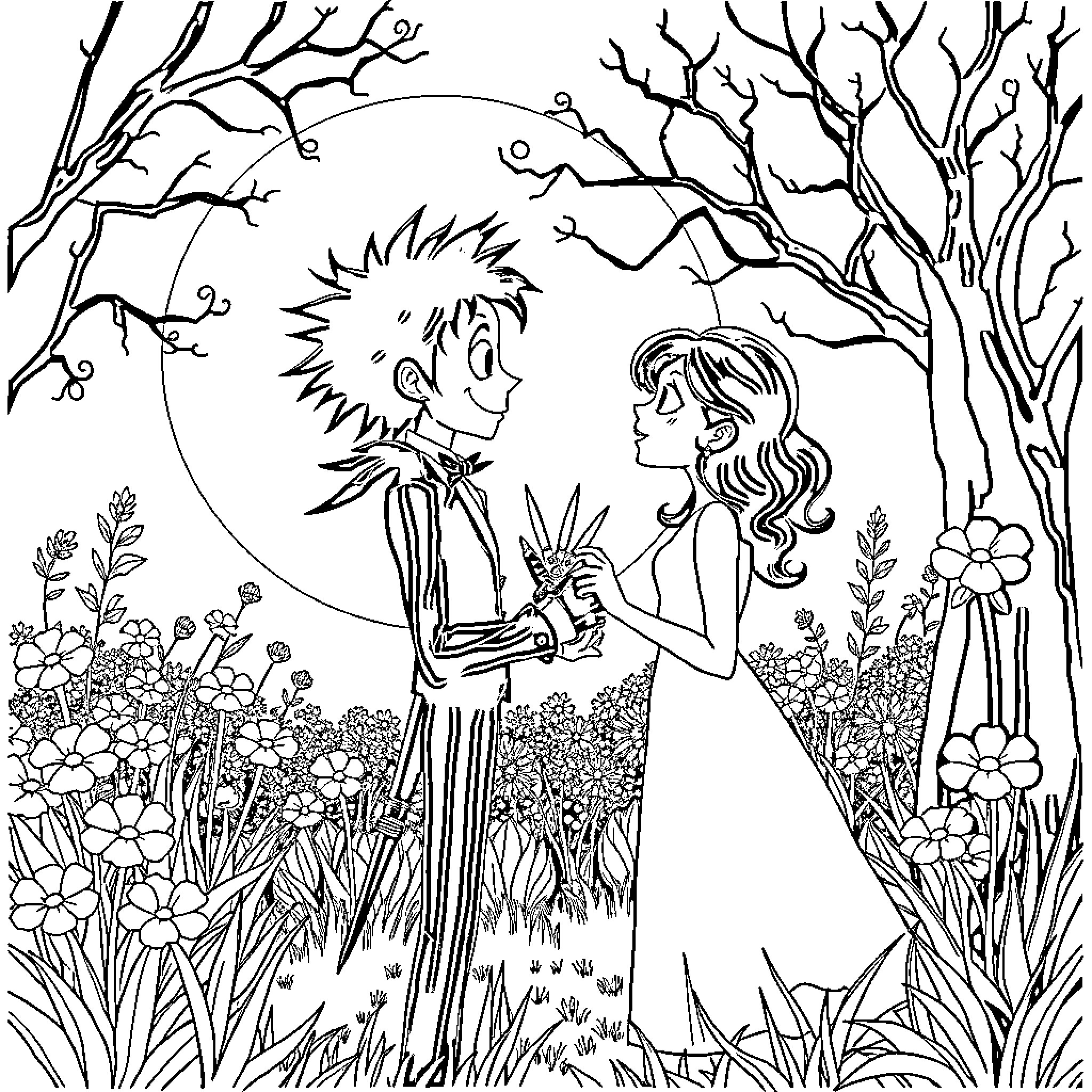 Edward and the Girl in the Enchanted Forest Coloring Page (free black-and-white line drawing printable PDF for all, from beginners to advanced learners, including children, teens, adults, and seniors)