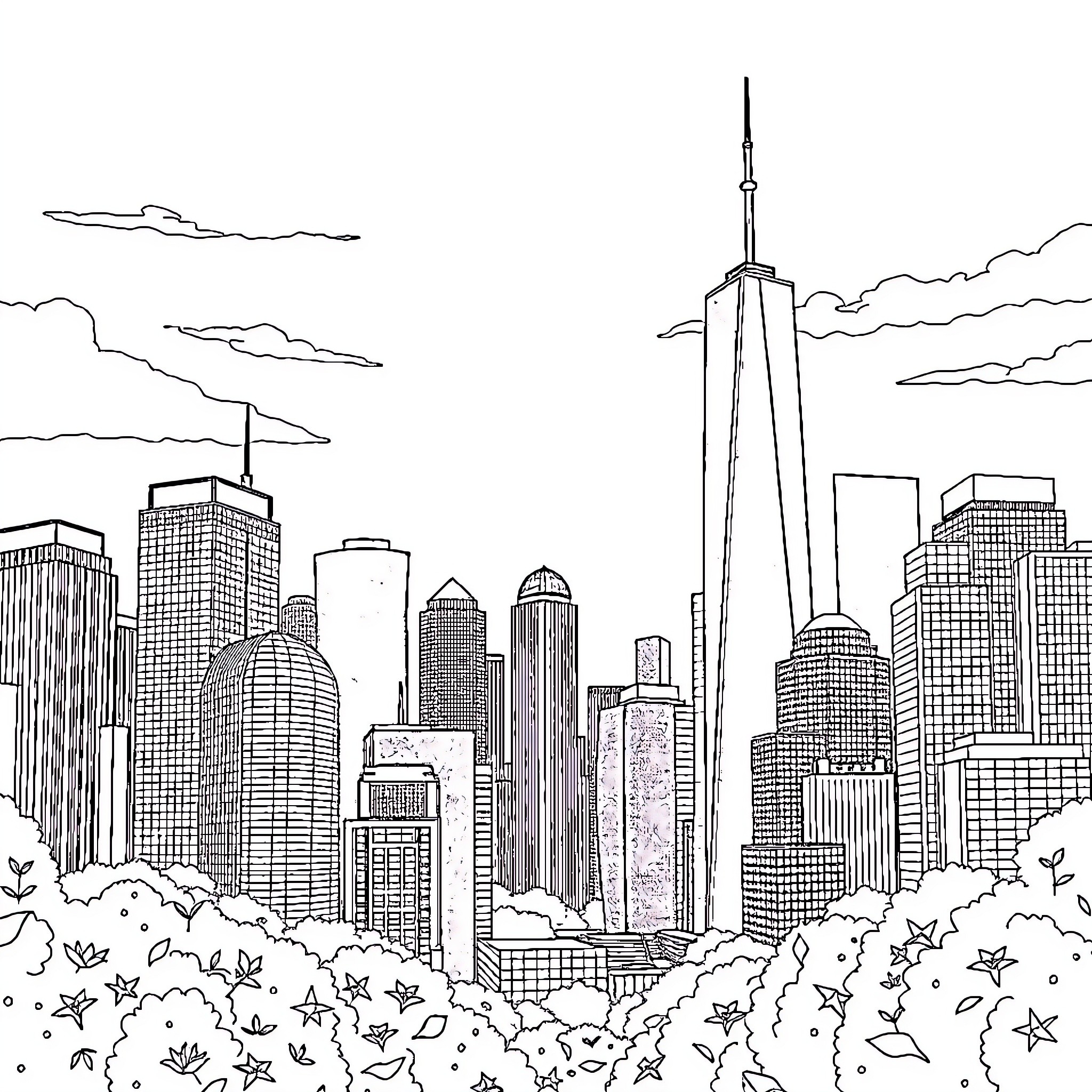 City landscape with skyscrapers and cityscape Coloring Page (free black-and-white line drawing printable PDF for all, from beginners to advanced learners, including children, teens, adults, and seniors)
