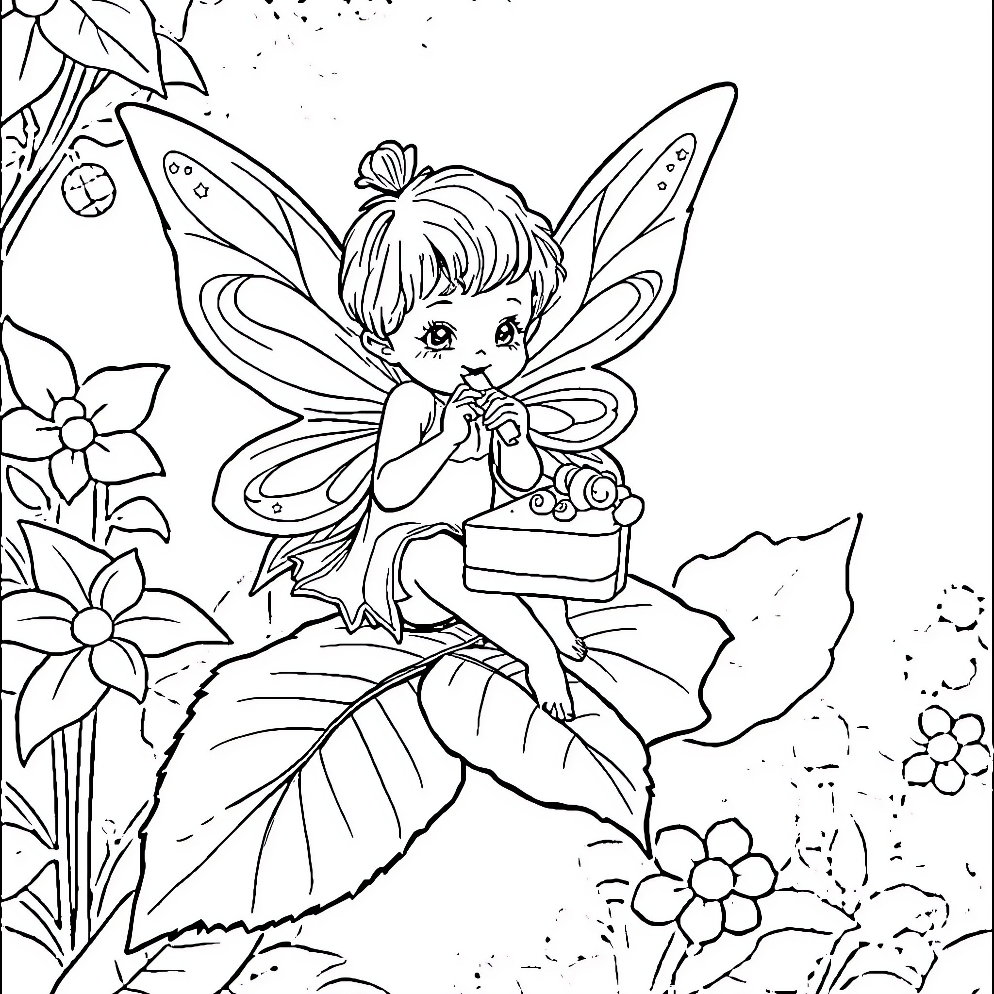 Fairy picking flowers in a whimsical garden Coloring Page (free black-and-white line drawing printable PDF for all, from beginners to advanced learners, including children, teens, adults, and seniors)