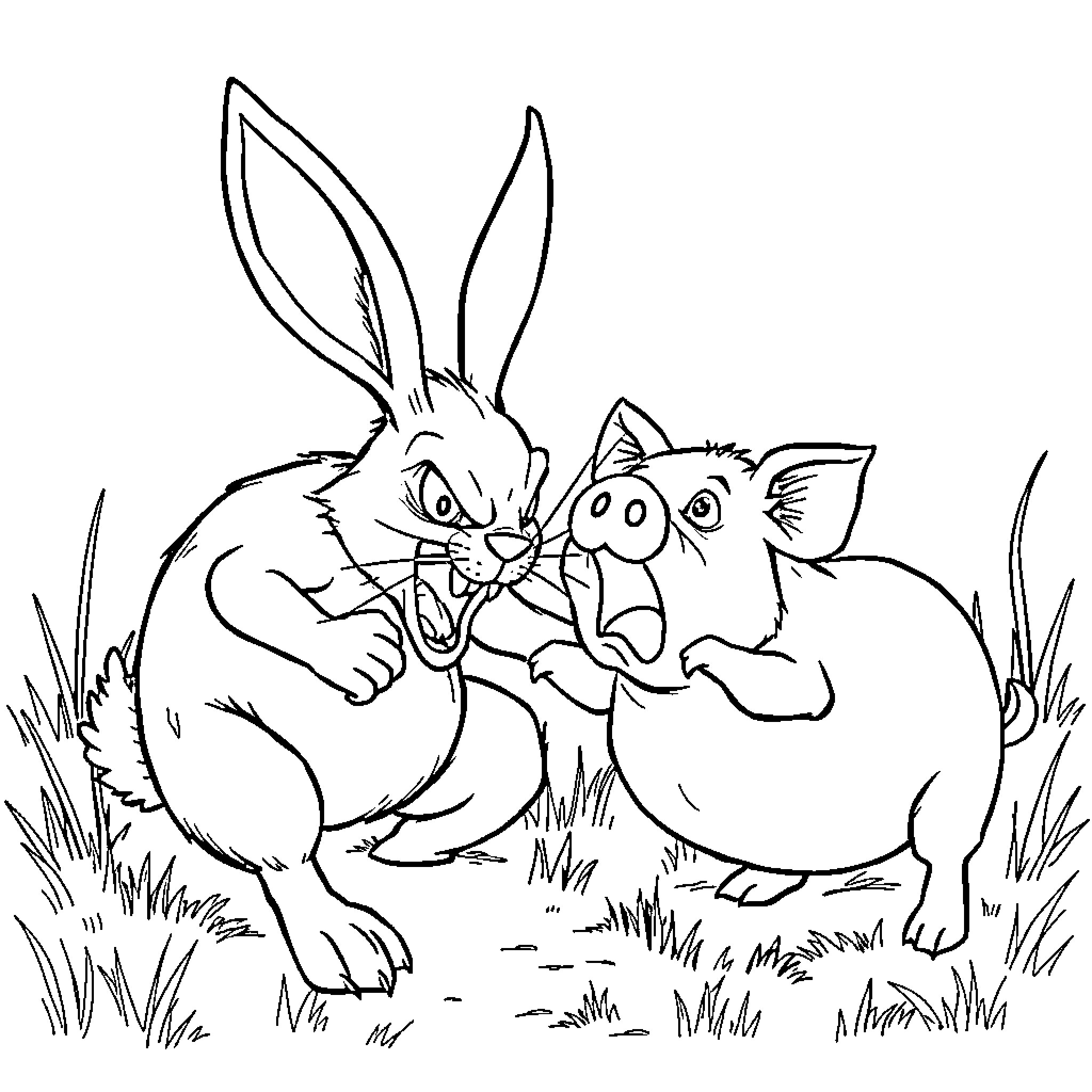 Rabbit and cat playing together in the grass Coloring Page (free black-and-white line drawing printable PDF for all, from beginners to advanced learners, including children, teens, adults, and seniors)