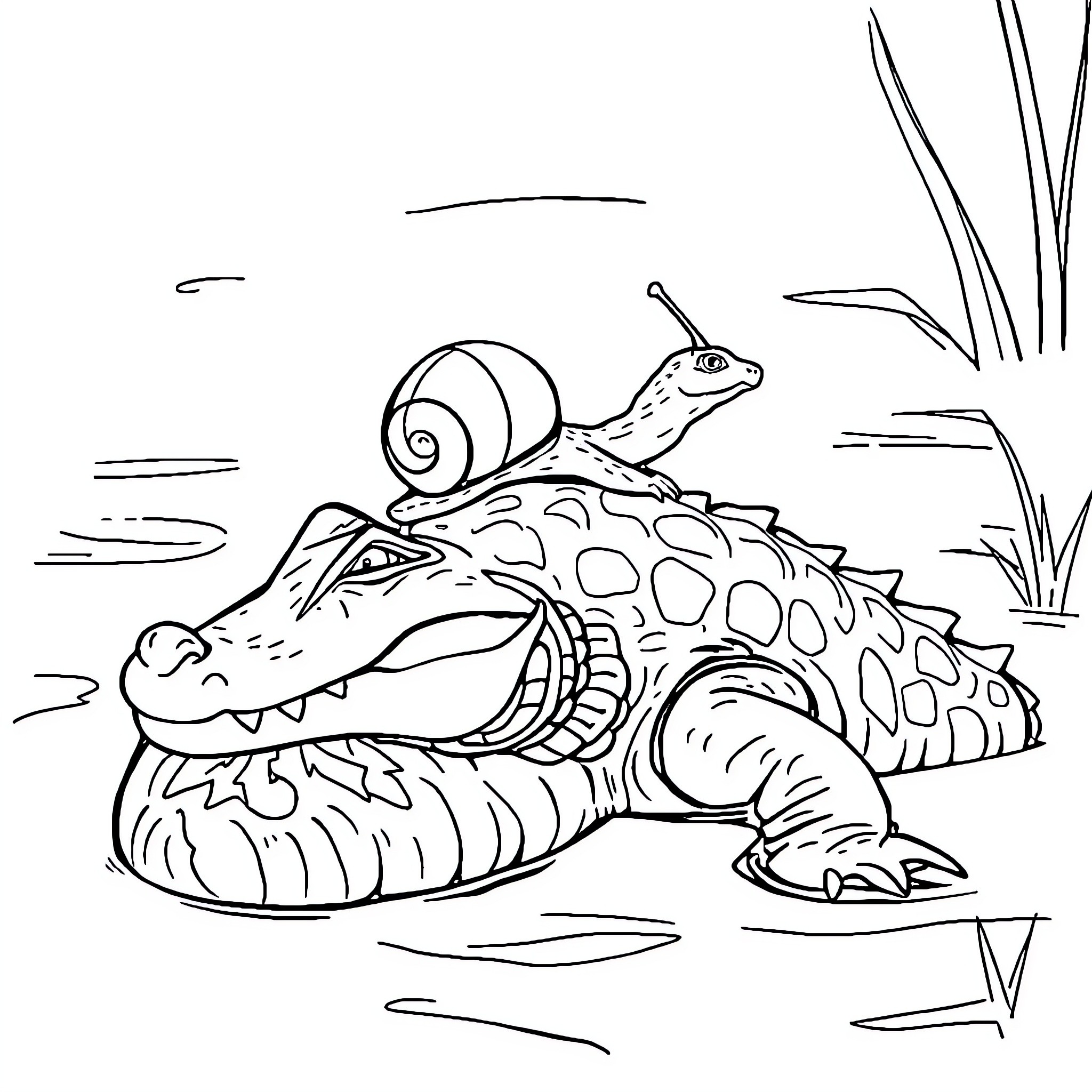 Snail riding atop a friendly alligator Coloring Page (free black-and-white line drawing printable PDF for all, from beginners to advanced learners, including children, teens, adults, and seniors)