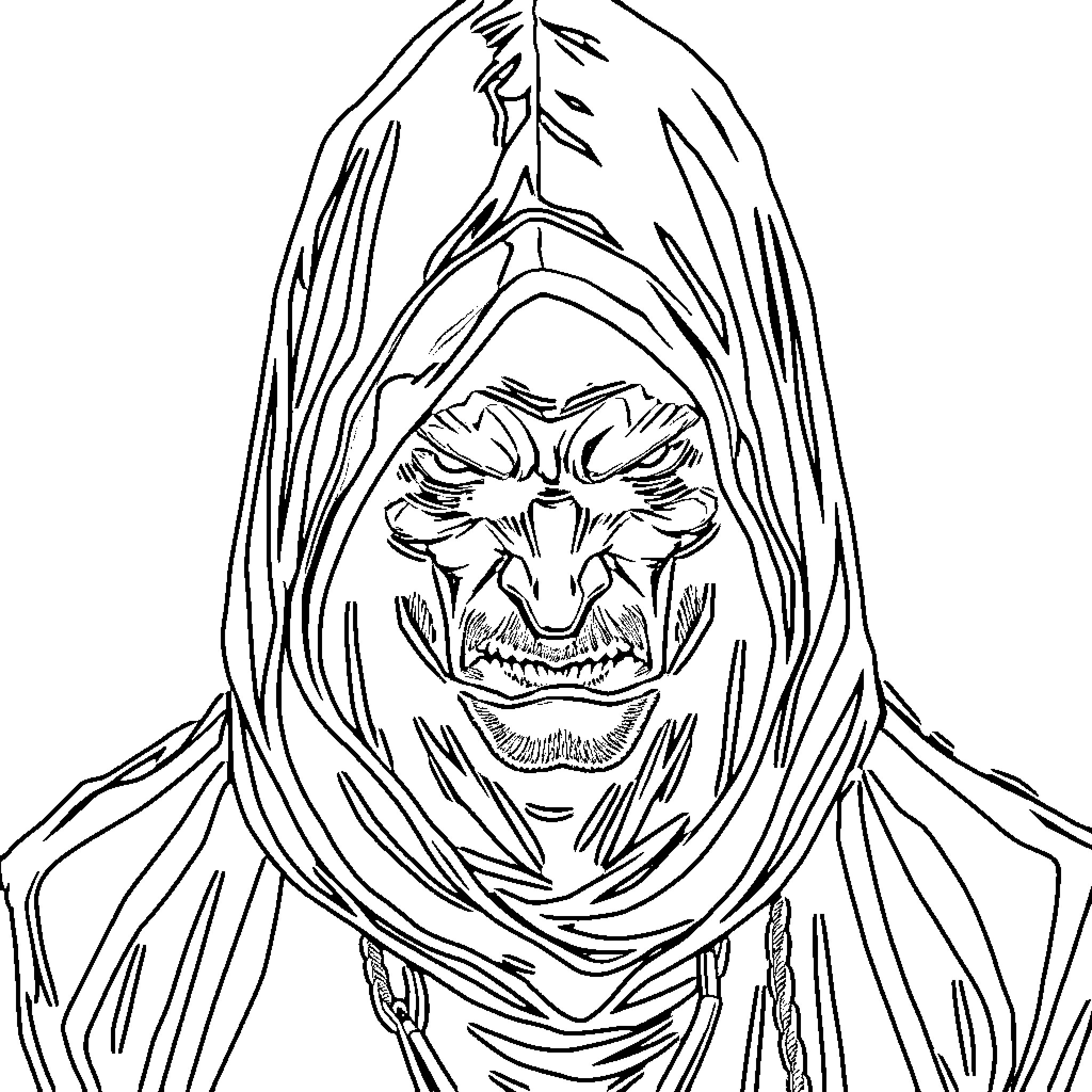 Hooded Guy Displaying Sinister Expression Coloring Page (free black-and-white line drawing printable PDF for all, from beginners to advanced learners, including children, teens, adults, and seniors)