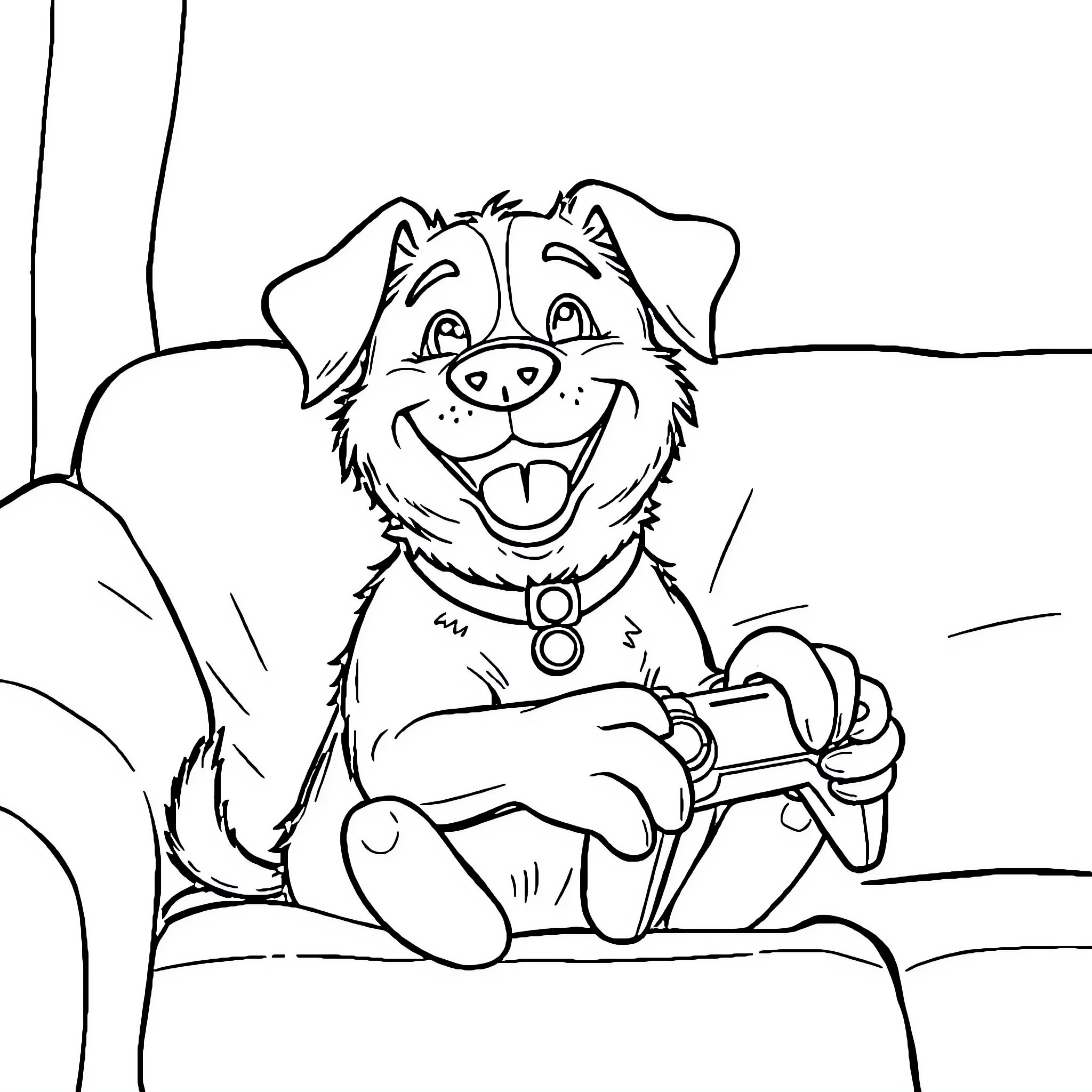 Dog playing joyfully with video game controller Coloring Page (free black-and-white line drawing printable PDF for all, from beginners to advanced learners, including children, teens, adults, and seniors)