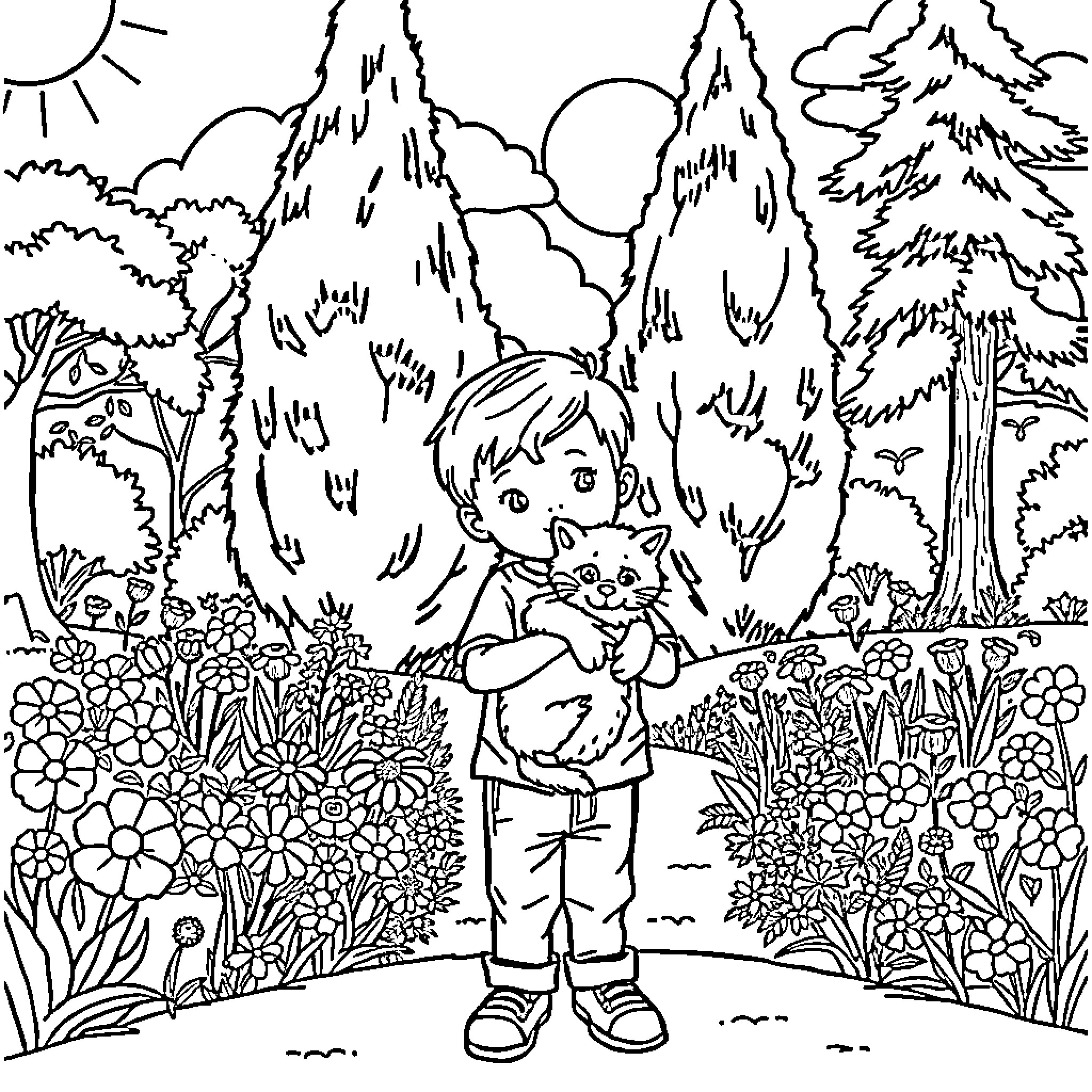 Kid exploring the lush forest landscape Coloring Page (free black-and-white line drawing printable PDF for all, from beginners to advanced learners, including children, teens, adults, and seniors)