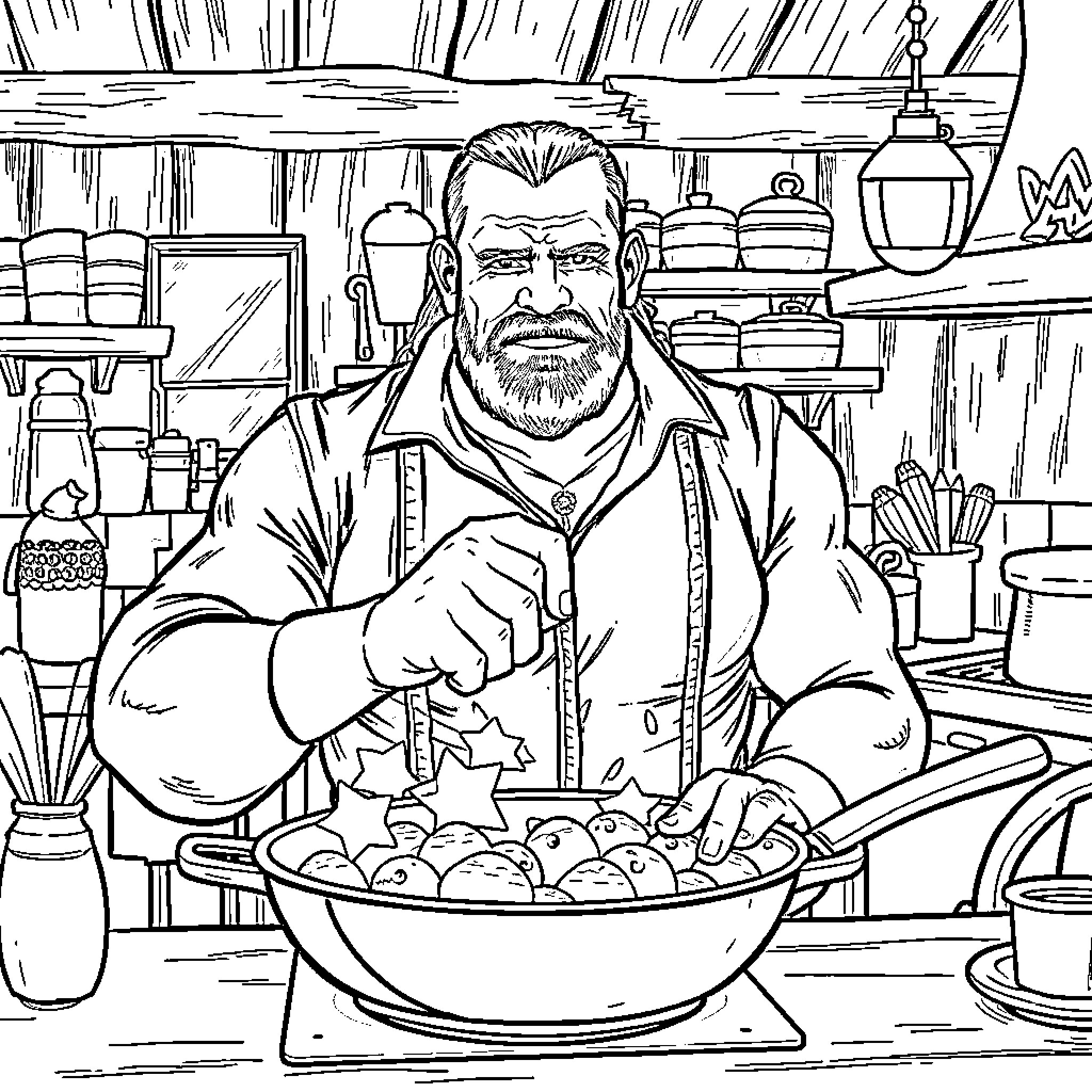 Wrestler cooking hearty meal in rustic kitchen Coloring Page (free black-and-white line drawing printable PDF for all, from beginners to advanced learners, including children, teens, adults, and seniors)
