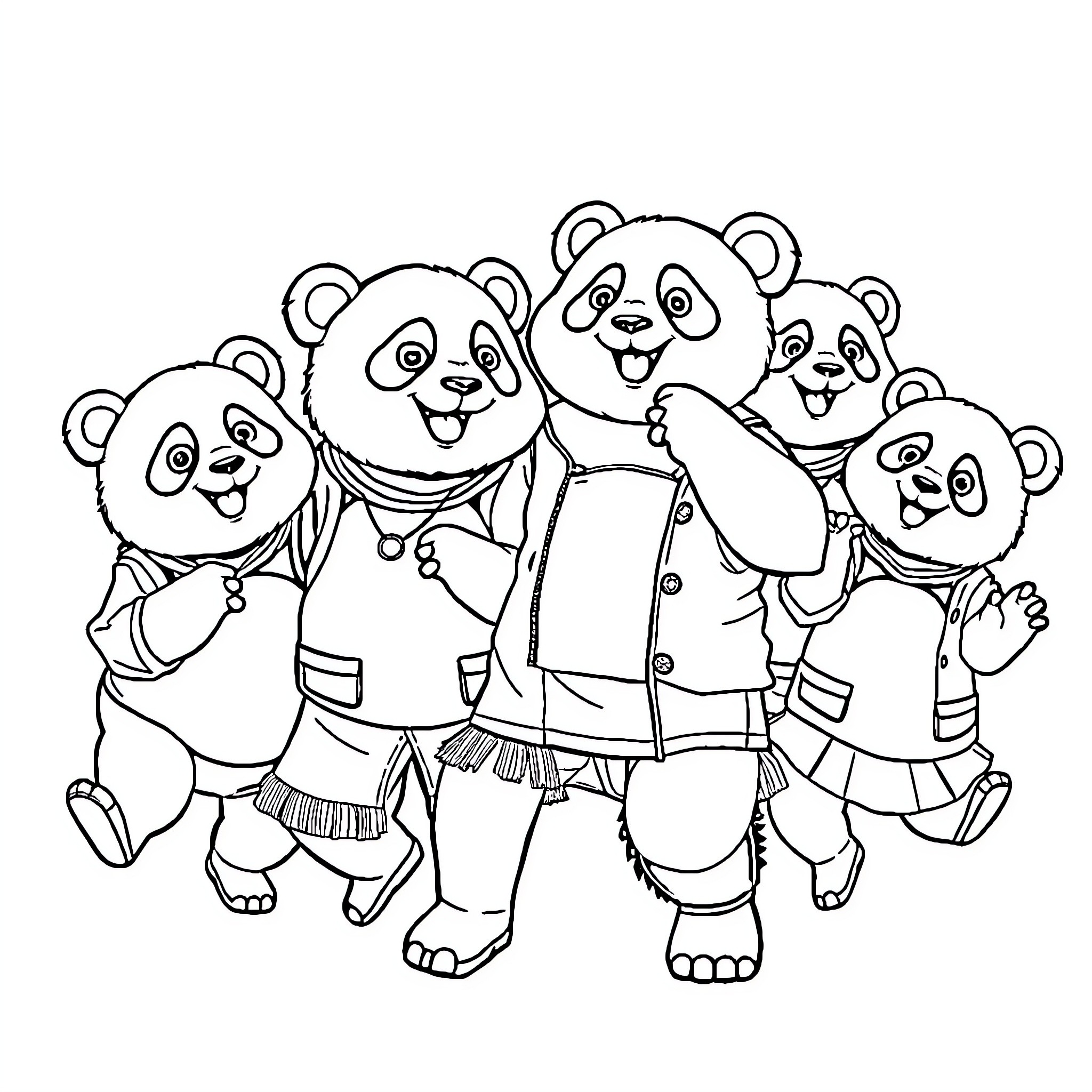 Panda family in matching outfits Coloring Page (free black-and-white line drawing printable PDF for all, from beginners to advanced learners, including children, teens, adults, and seniors)