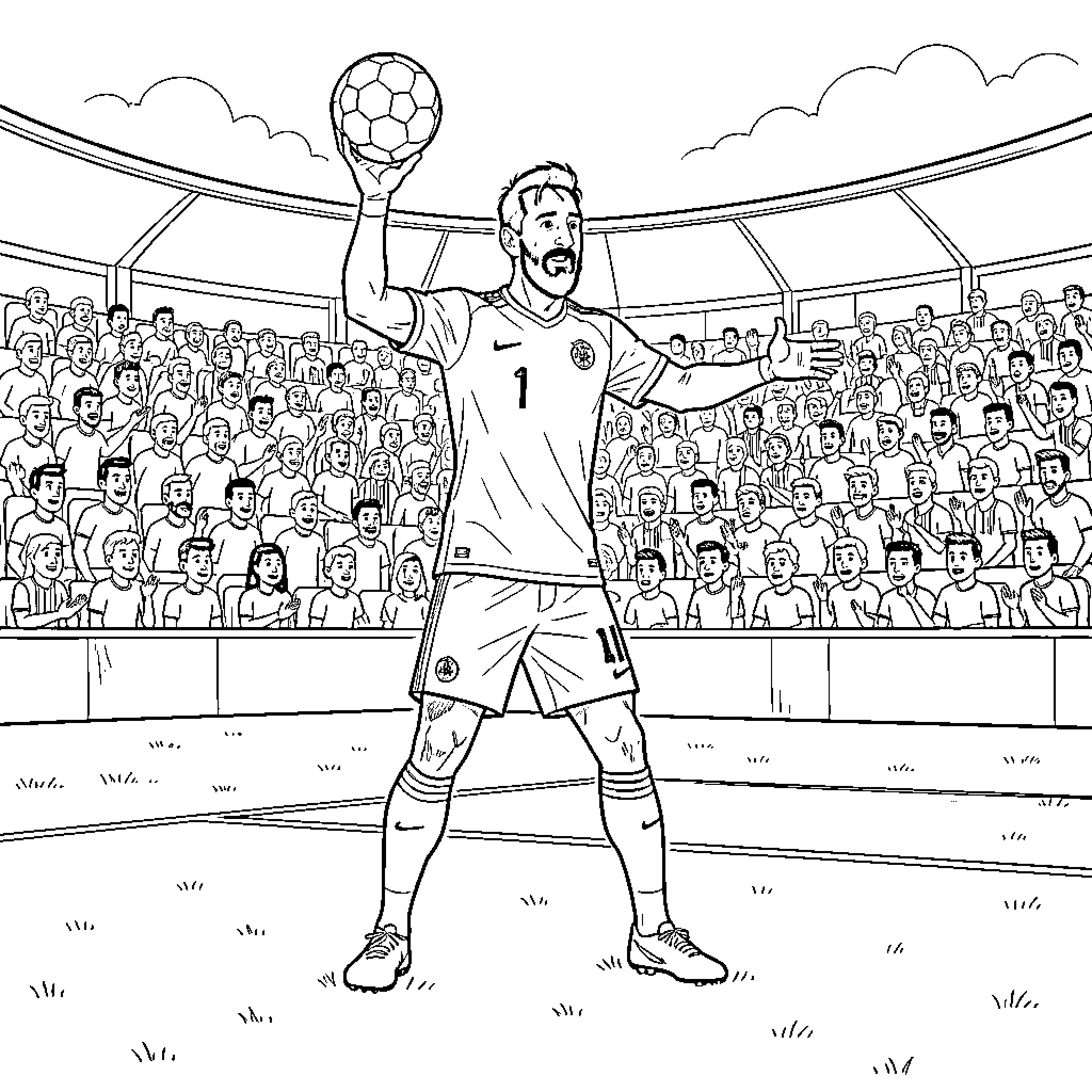 Lionel Messi preparing to throw a soccer ball Coloring Page (free black-and-white line drawing printable PDF for all, from beginners to advanced learners, including children, teens, adults, and seniors)