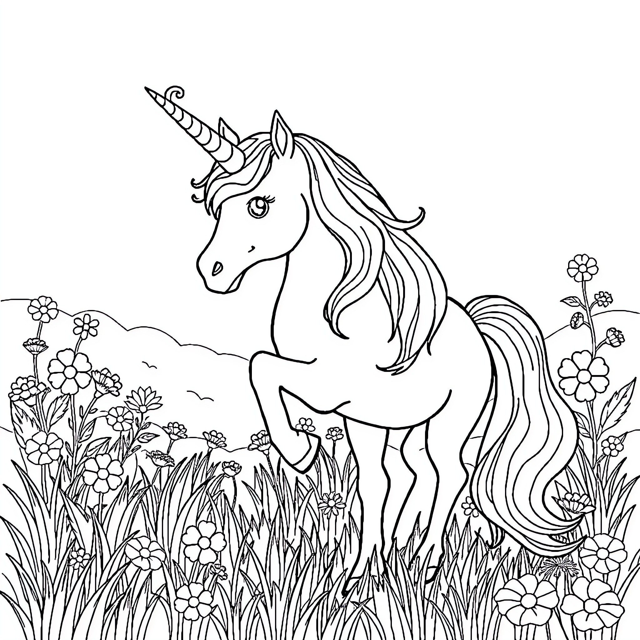 Unicorn standing amidst a garden of flowers Coloring Page (free black-and-white line drawing printable PDF for all, from beginners to advanced learners, including children, teens, adults, and seniors)