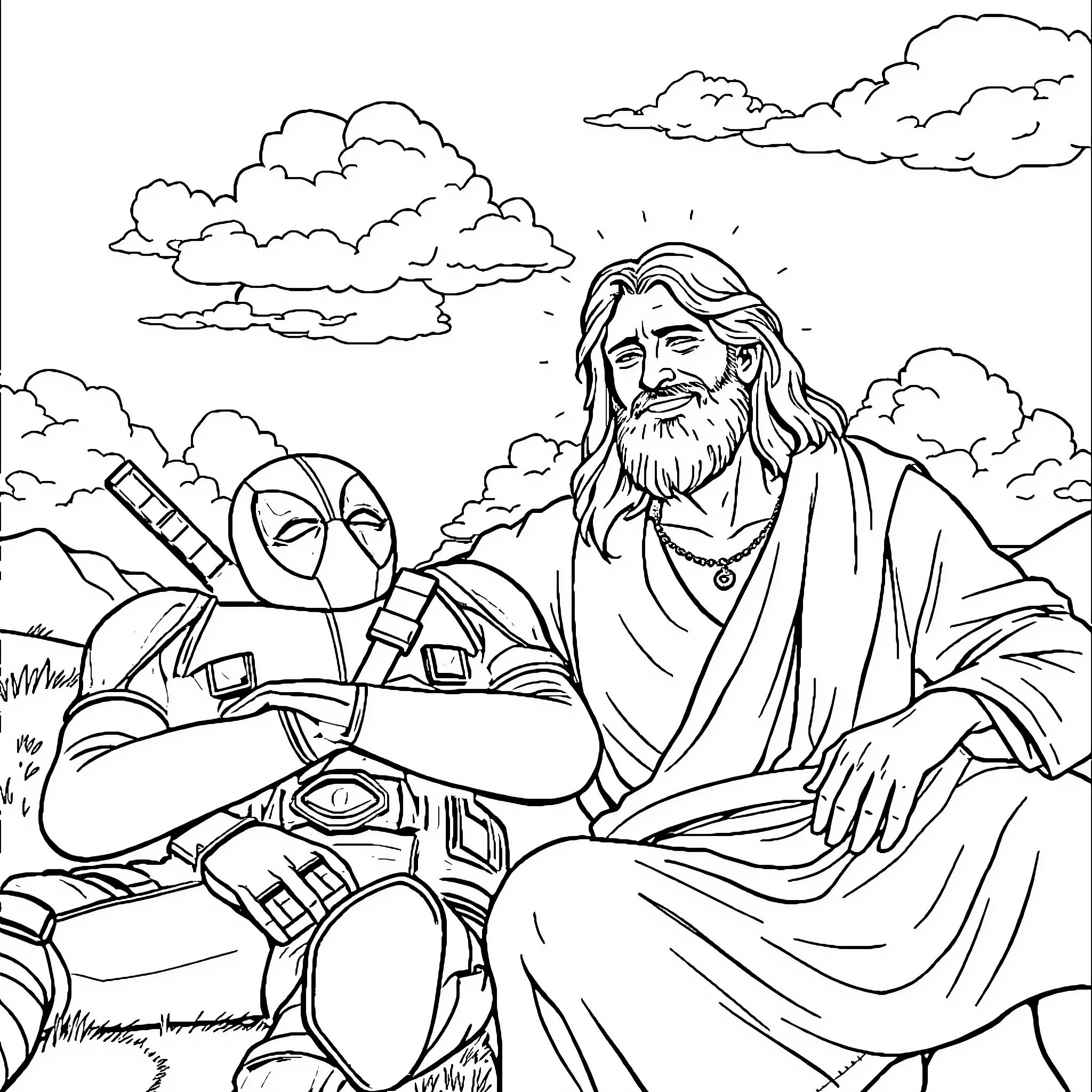 Deadpool in Contemplative Conversation with Mysterious Companion Coloring Page (free black-and-white line drawing printable PDF for all, from beginners to advanced learners, including children, teens, adults, and seniors)
