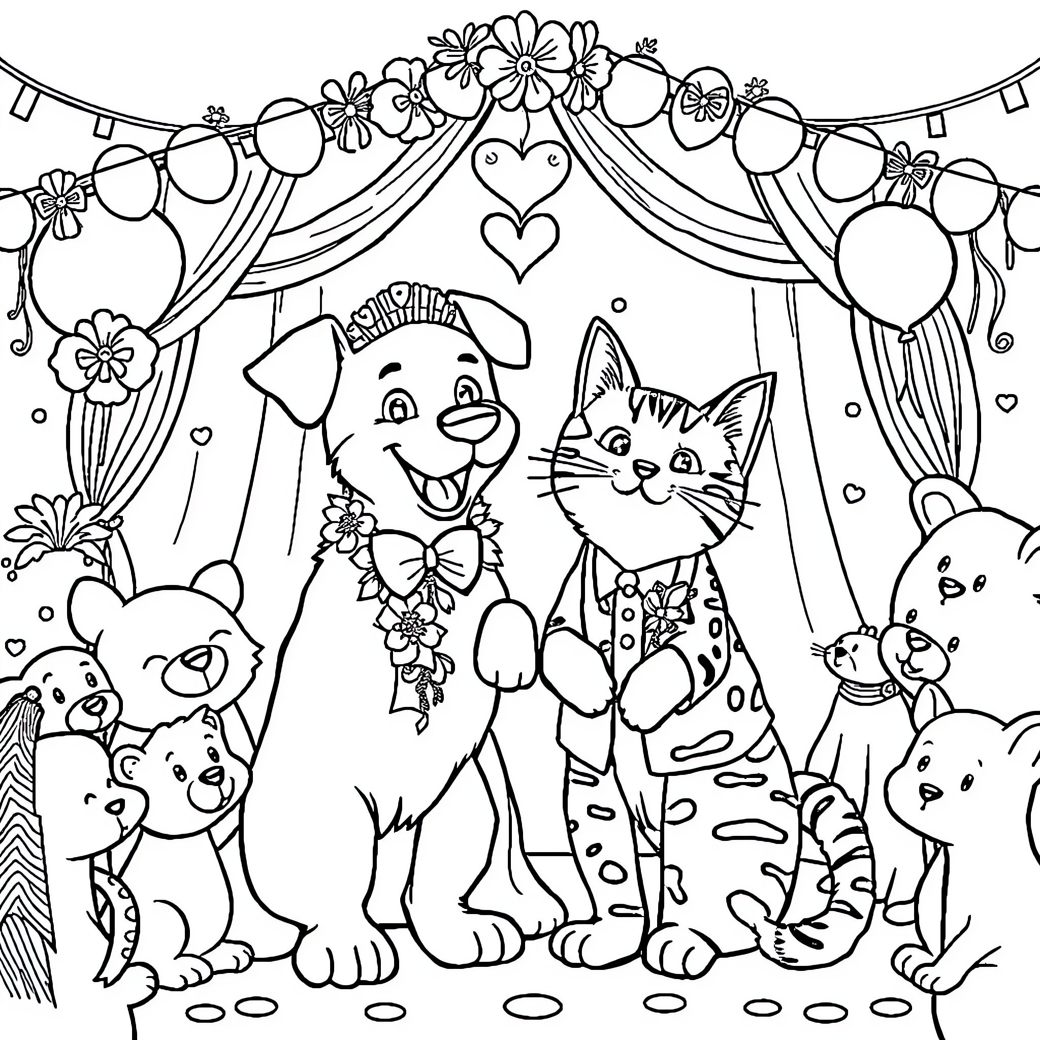 Dog and Cat Celebrating with Animal Friends Coloring Page (free black-and-white line drawing printable PDF for all, from beginners to advanced learners, including children, teens, adults, and seniors)