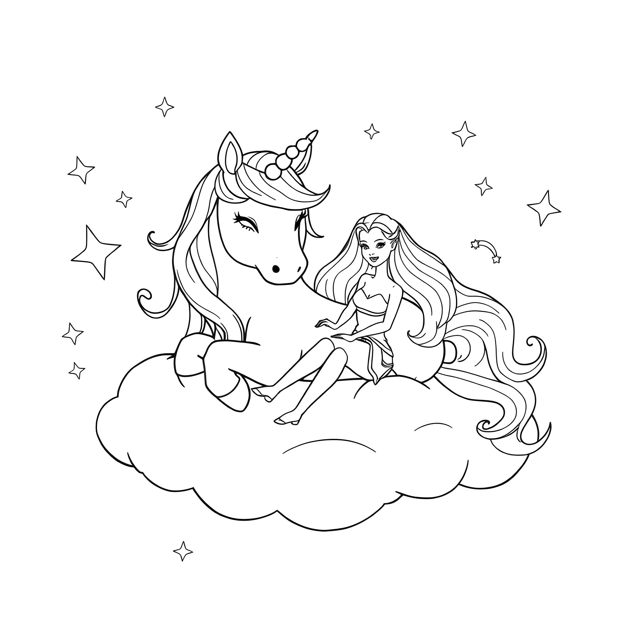 Unicorn and girl enjoying a magical cloudscape Coloring Page (free black-and-white line drawing printable PDF for all, from beginners to advanced learners, including children, teens, adults, and seniors)