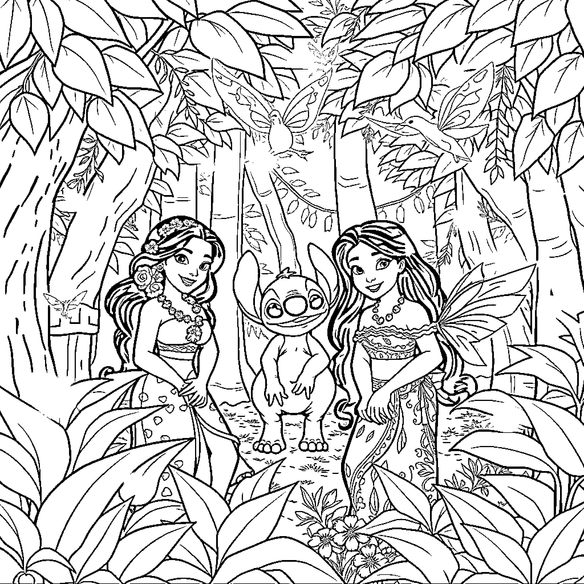 Vaiana and friends explore the enchanted jungle Coloring Page (free black-and-white line drawing printable PDF for all, from beginners to advanced learners, including children, teens, adults, and seniors)
