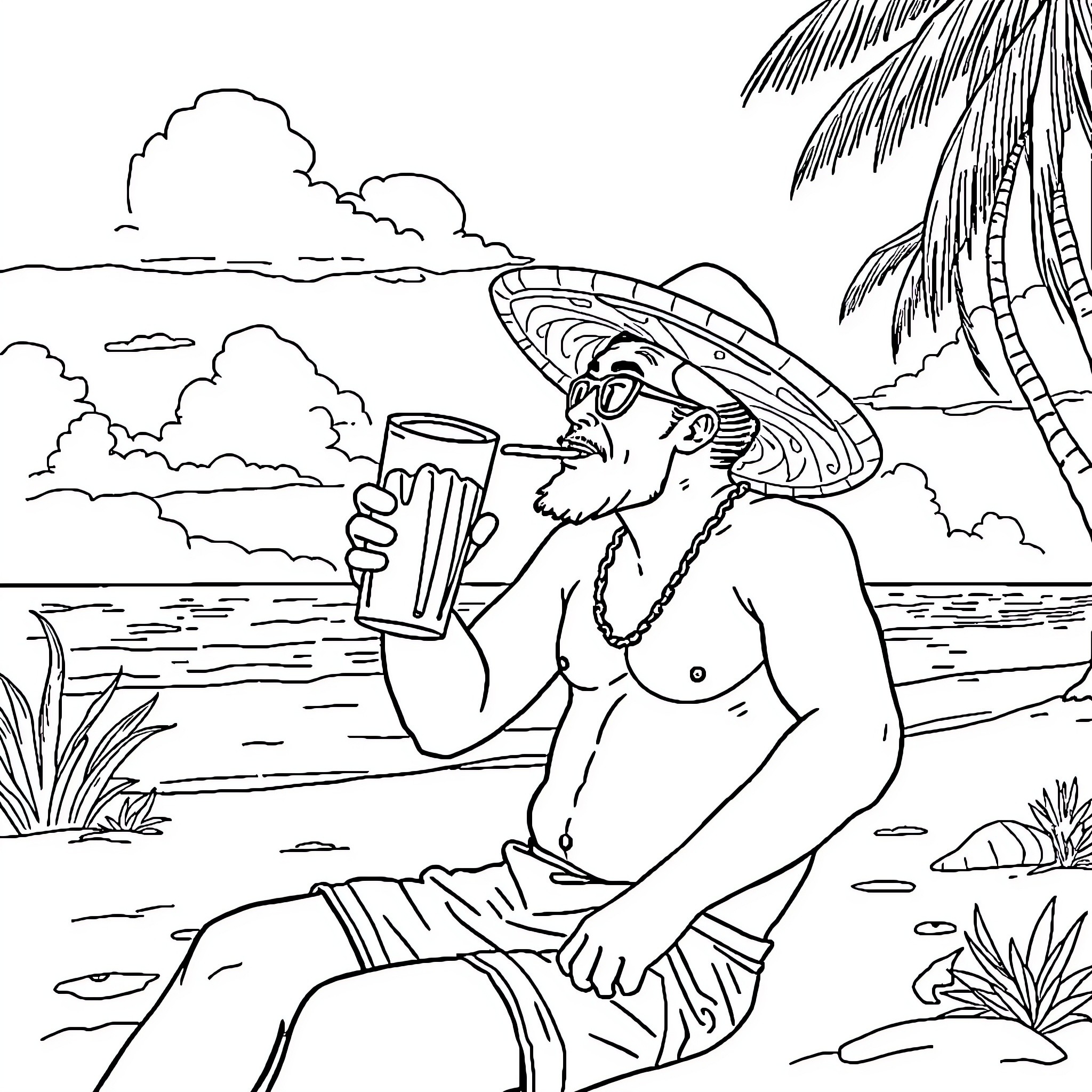 Mexican man enjoying a refreshing drink on the beach Coloring Page (free black-and-white line drawing printable PDF for all, from beginners to advanced learners, including children, teens, adults, and seniors)