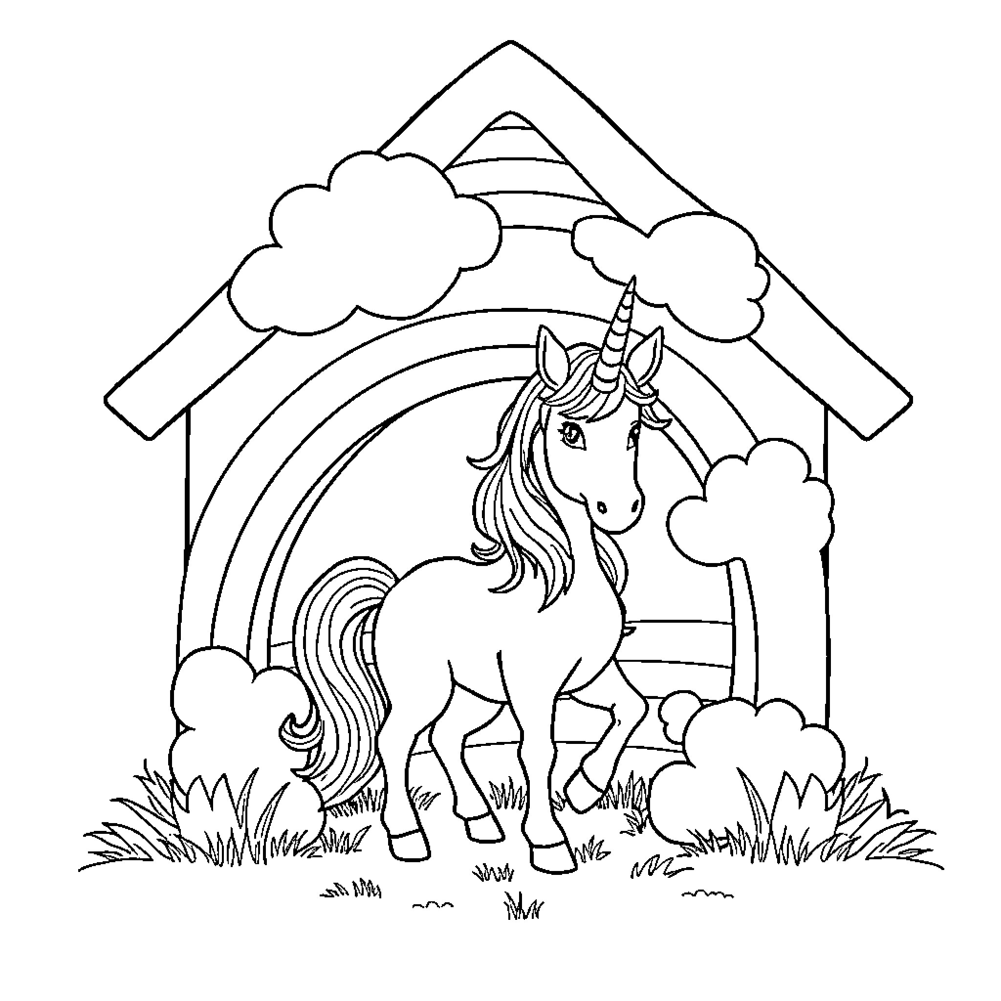 Unicorn standing in a whimsical landscape Coloring Page (free black-and-white line drawing printable PDF for all, from beginners to advanced learners, including children, teens, adults, and seniors)