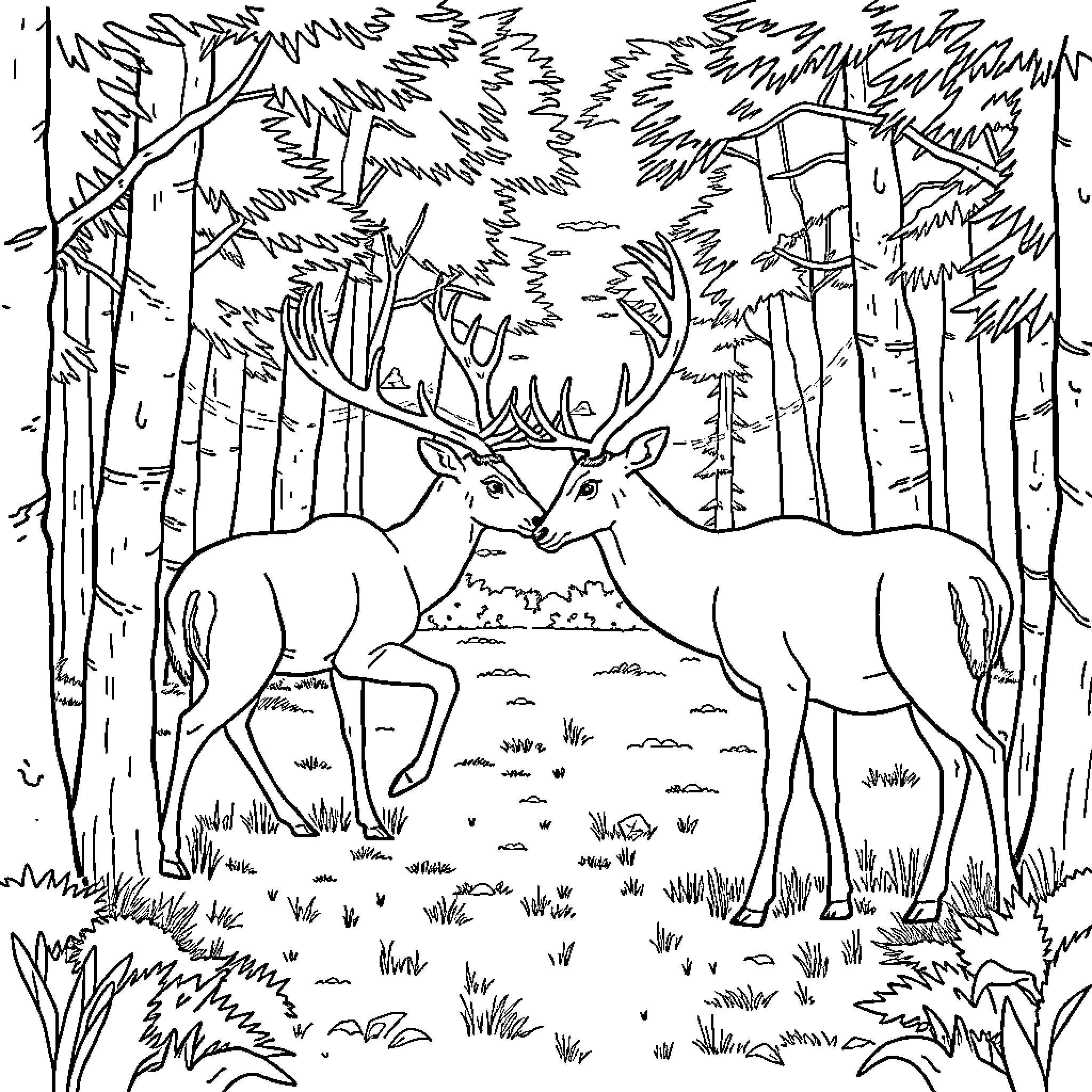 Deer Roaming in the Serene Forest Coloring Page (free black-and-white line drawing printable PDF for all, from beginners to advanced learners, including children, teens, adults, and seniors)