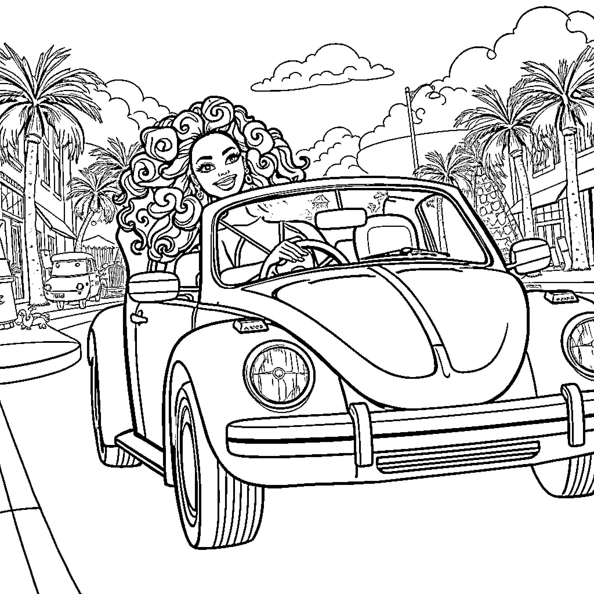 Barbie driving a retro car in a tropical setting Coloring Page (free black-and-white line drawing printable PDF for all, from beginners to advanced learners, including children, teens, adults, and seniors)