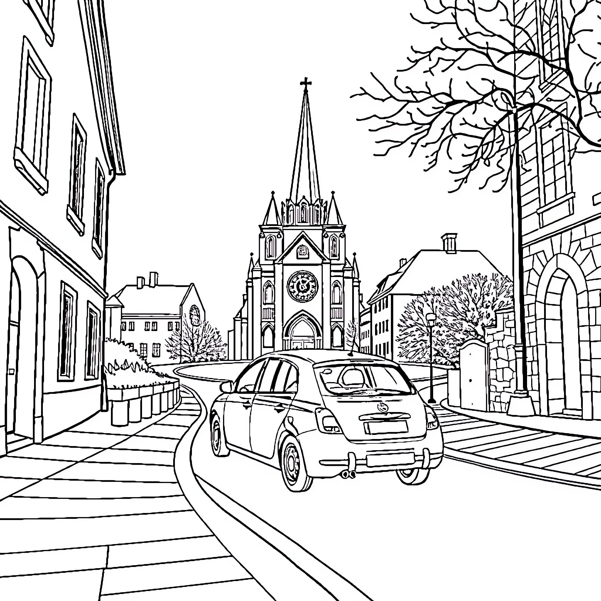 Dacia car in the historic city street Coloring Page (free black-and-white line drawing printable PDF for all, from beginners to advanced learners, including children, teens, adults, and seniors)