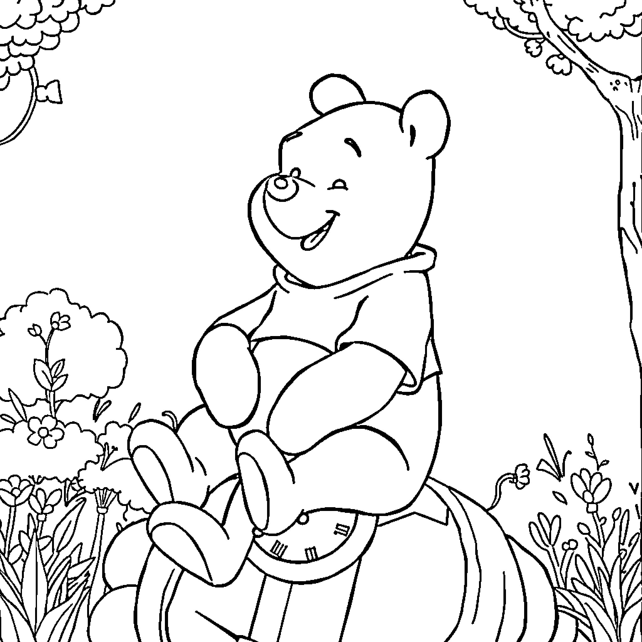 Winnie The Pooh sitting happily in a garden Coloring Page (free black-and-white line drawing printable PDF for all, from beginners to advanced learners, including children, teens, adults, and seniors)