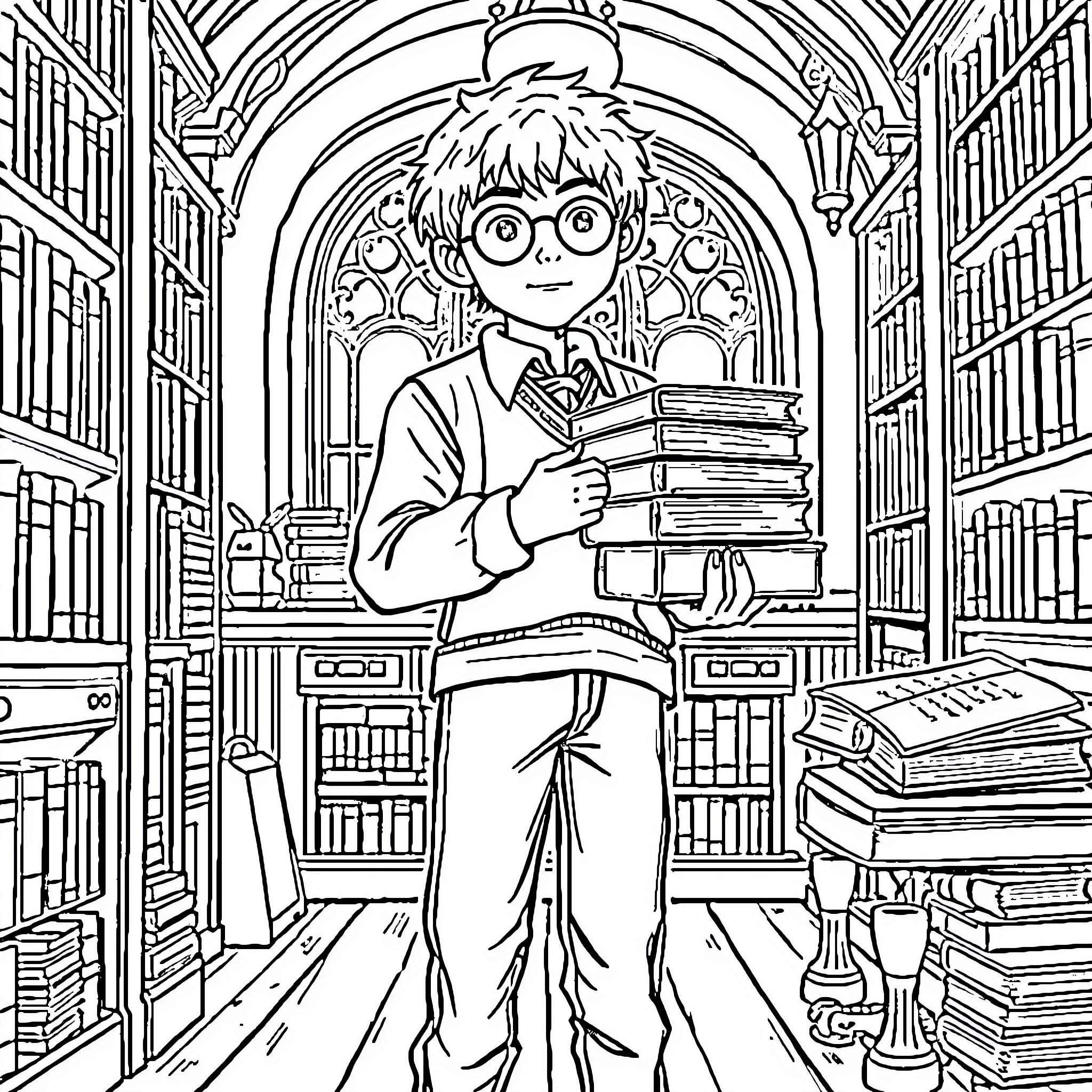 Hermione Granger exploring the magical library Coloring Page (free black-and-white line drawing printable PDF for all, from beginners to advanced learners, including children, teens, adults, and seniors)