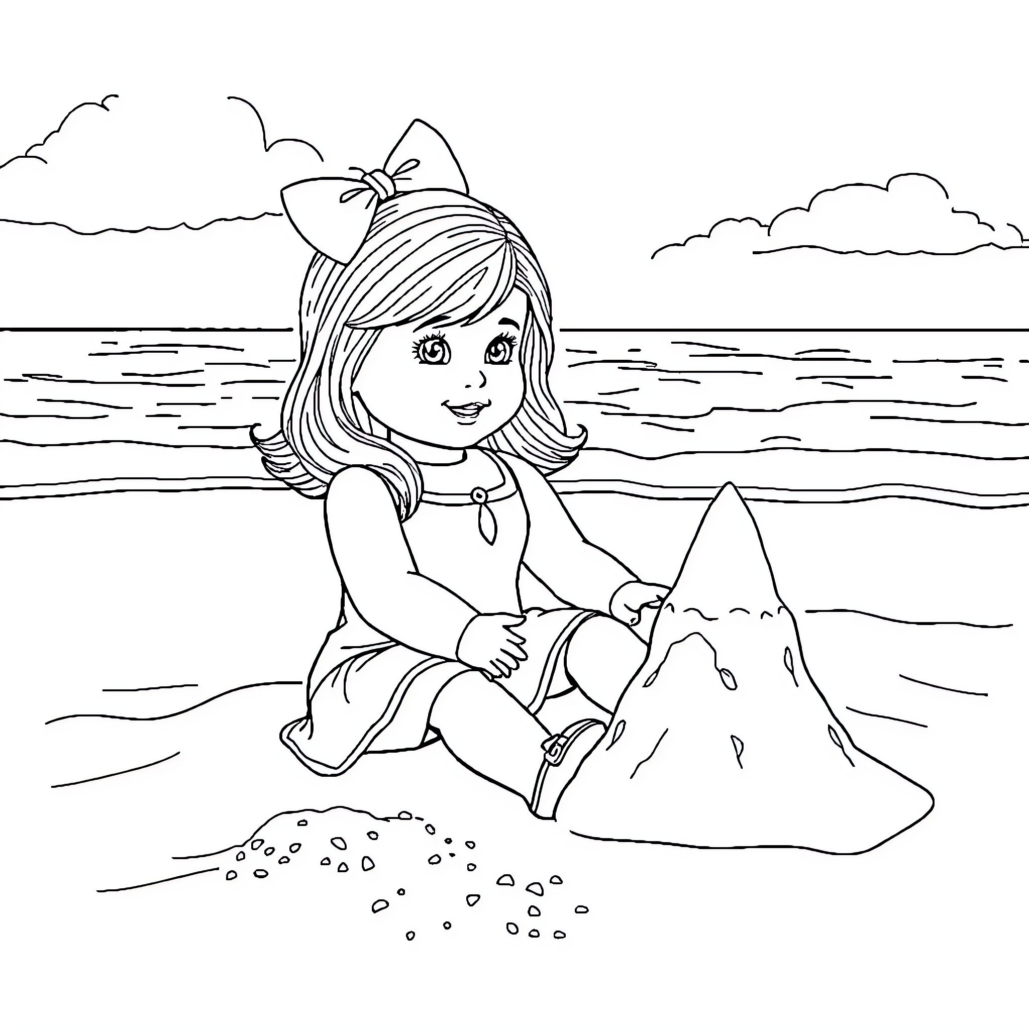 American Girl Doll Building Sandcastle on the Beach Coloring Page (free black-and-white line drawing printable PDF for all, from beginners to advanced learners, including children, teens, adults, and seniors)