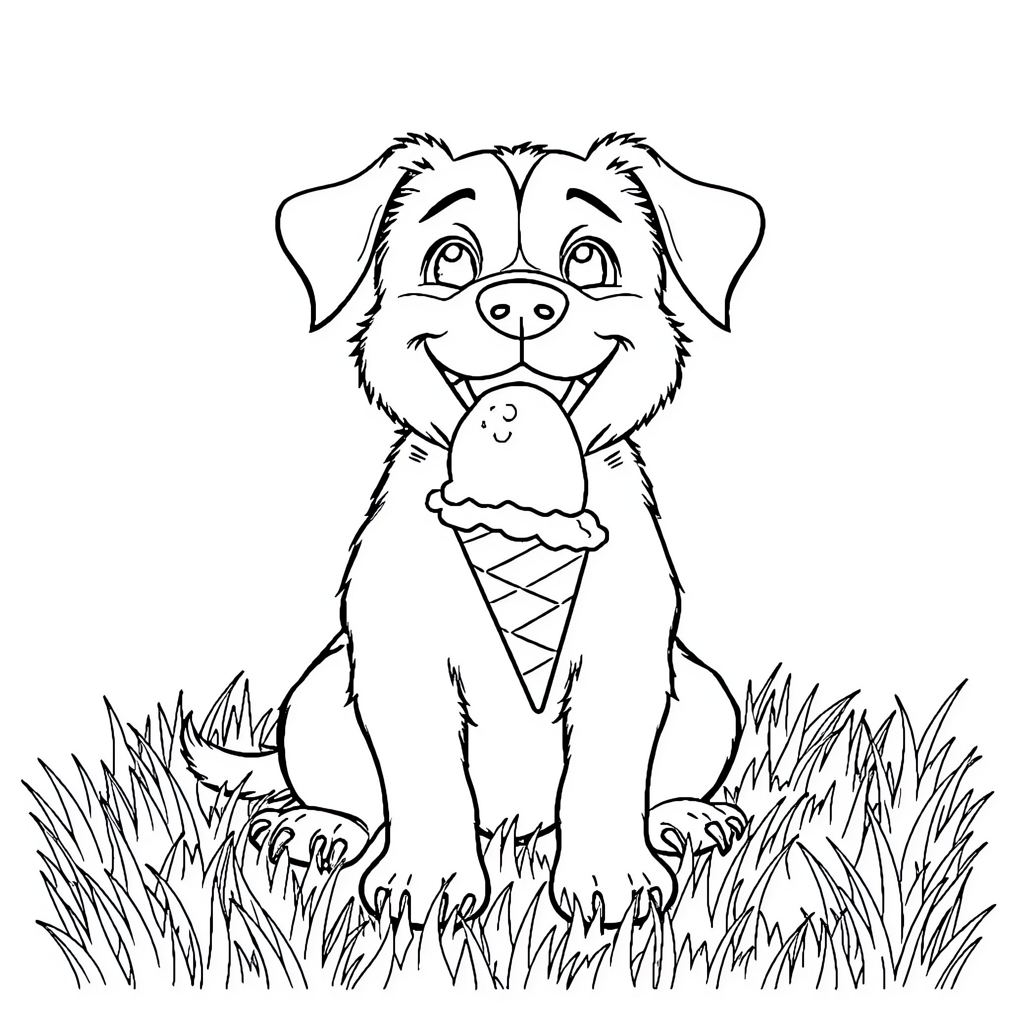 Dog enjoying an ice cream treat in the grass Coloring Page (free black-and-white line drawing printable PDF for all, from beginners to advanced learners, including children, teens, adults, and seniors)