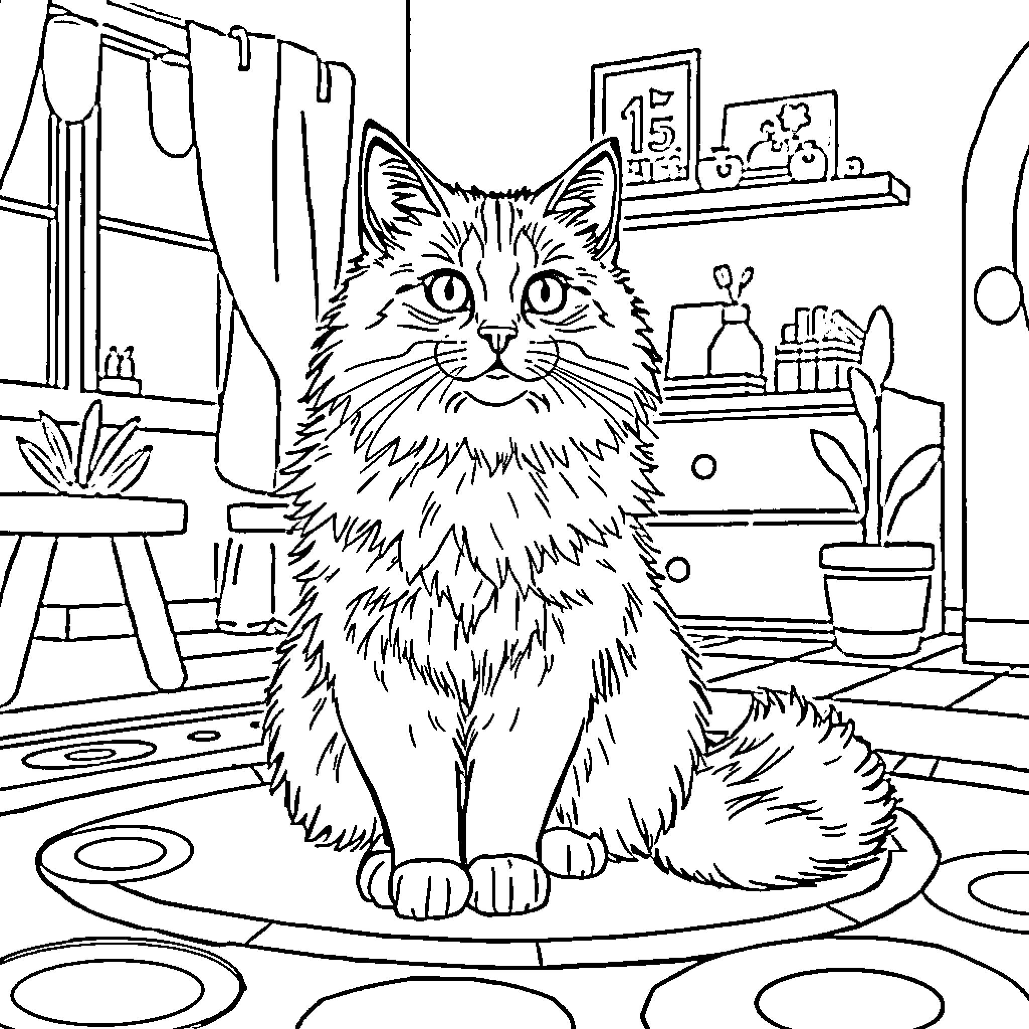 Cat exploring a cozy indoor space Coloring Page (free black-and-white line drawing printable PDF for all, from beginners to advanced learners, including children, teens, adults, and seniors)