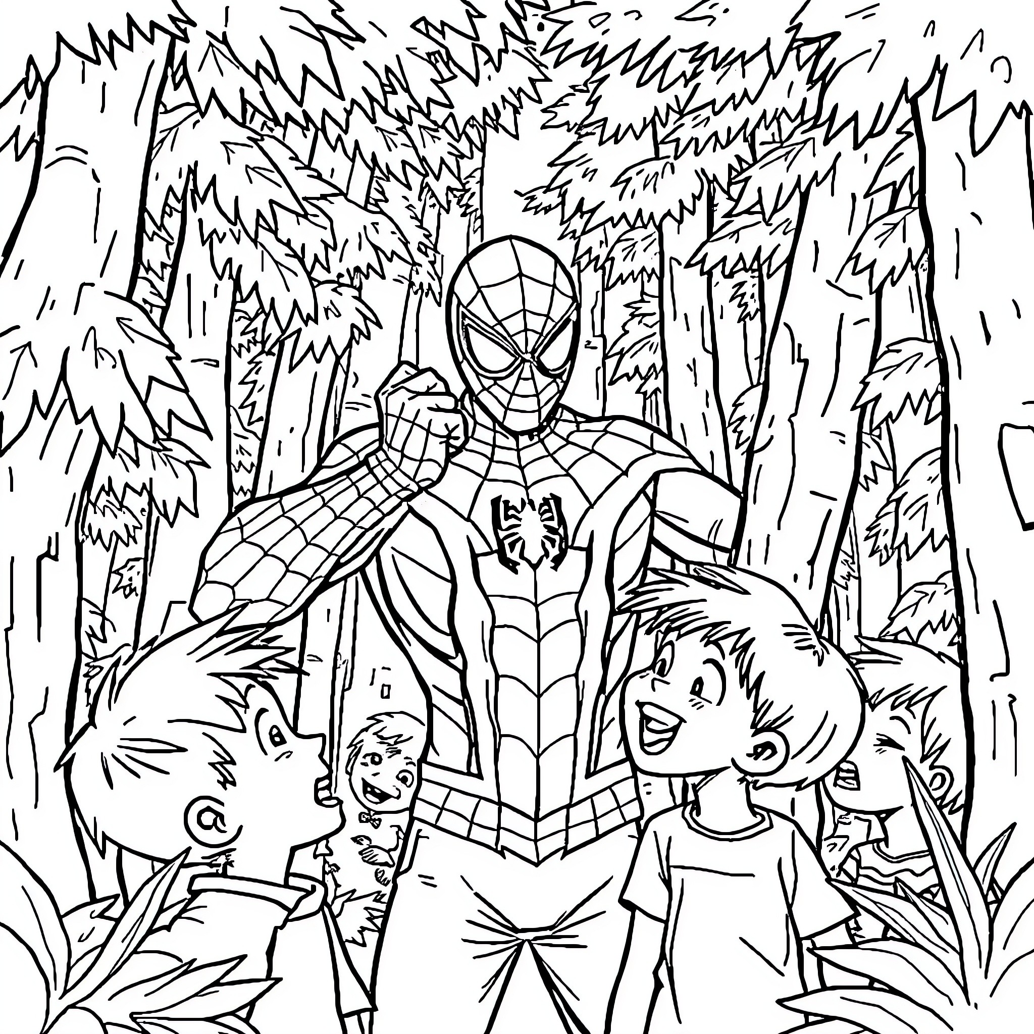 Spiderman saves children in the forest Coloring Page (free black-and-white line drawing printable PDF for all, from beginners to advanced learners, including children, teens, adults, and seniors)