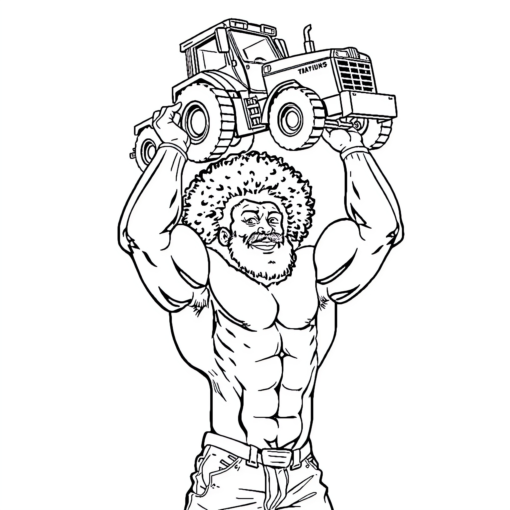 Bodybuilder lifting a powerful tractor over his head Coloring Page (free black-and-white line drawing printable PDF for all, from beginners to advanced learners, including children, teens, adults, and seniors)