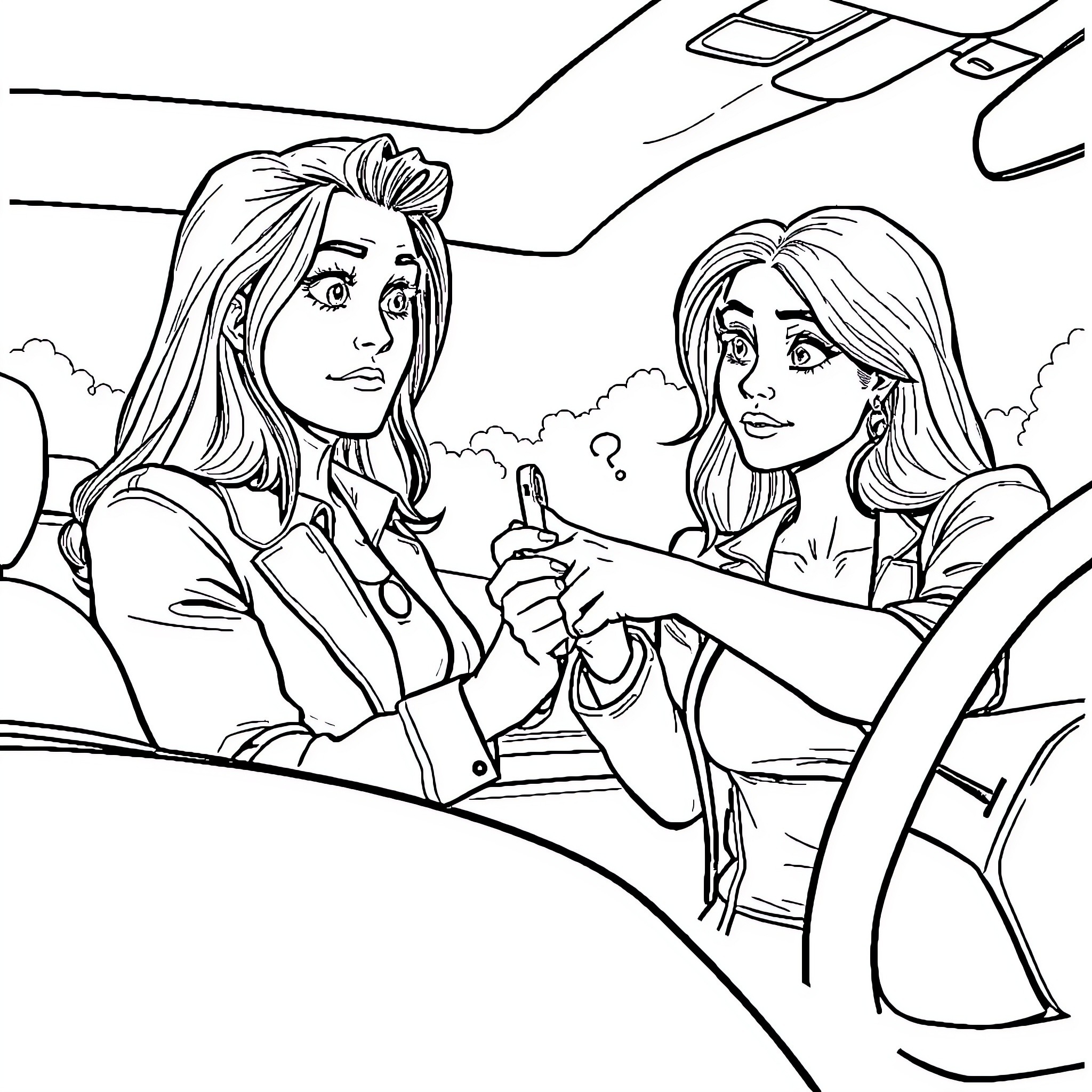 Car Passengers Discussing Their Route Coloring Page (free black-and-white line drawing printable PDF for all, from beginners to advanced learners, including children, teens, adults, and seniors)