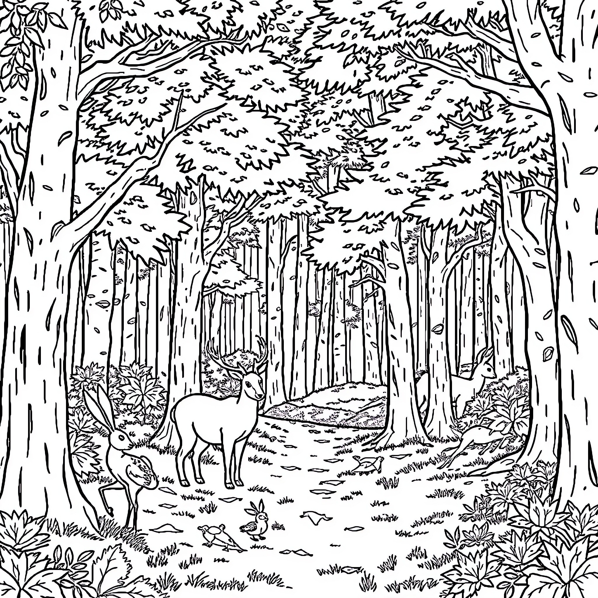 Forest Path with Deer and Wildlife Coloring Page (free black-and-white line drawing printable PDF for all, from beginners to advanced learners, including children, teens, adults, and seniors)