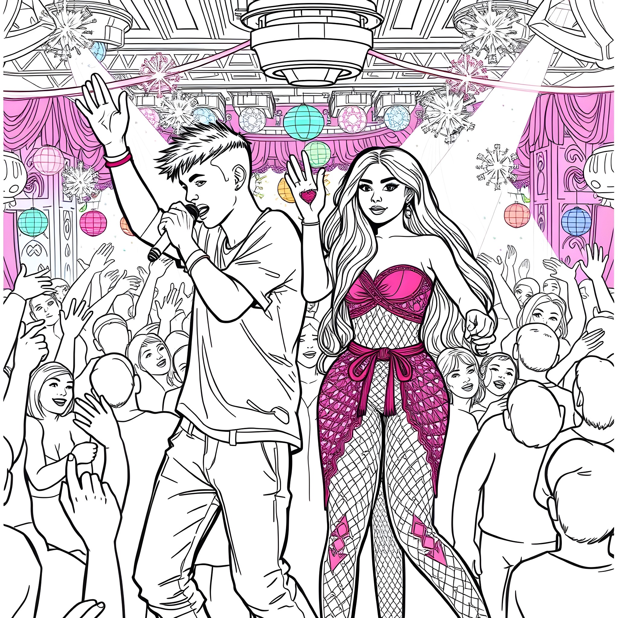 Justin Bieber and Selena Gomez performing on stage Coloring Page (free black-and-white line drawing printable PDF for all, from beginners to advanced learners, including children, teens, adults, and seniors)