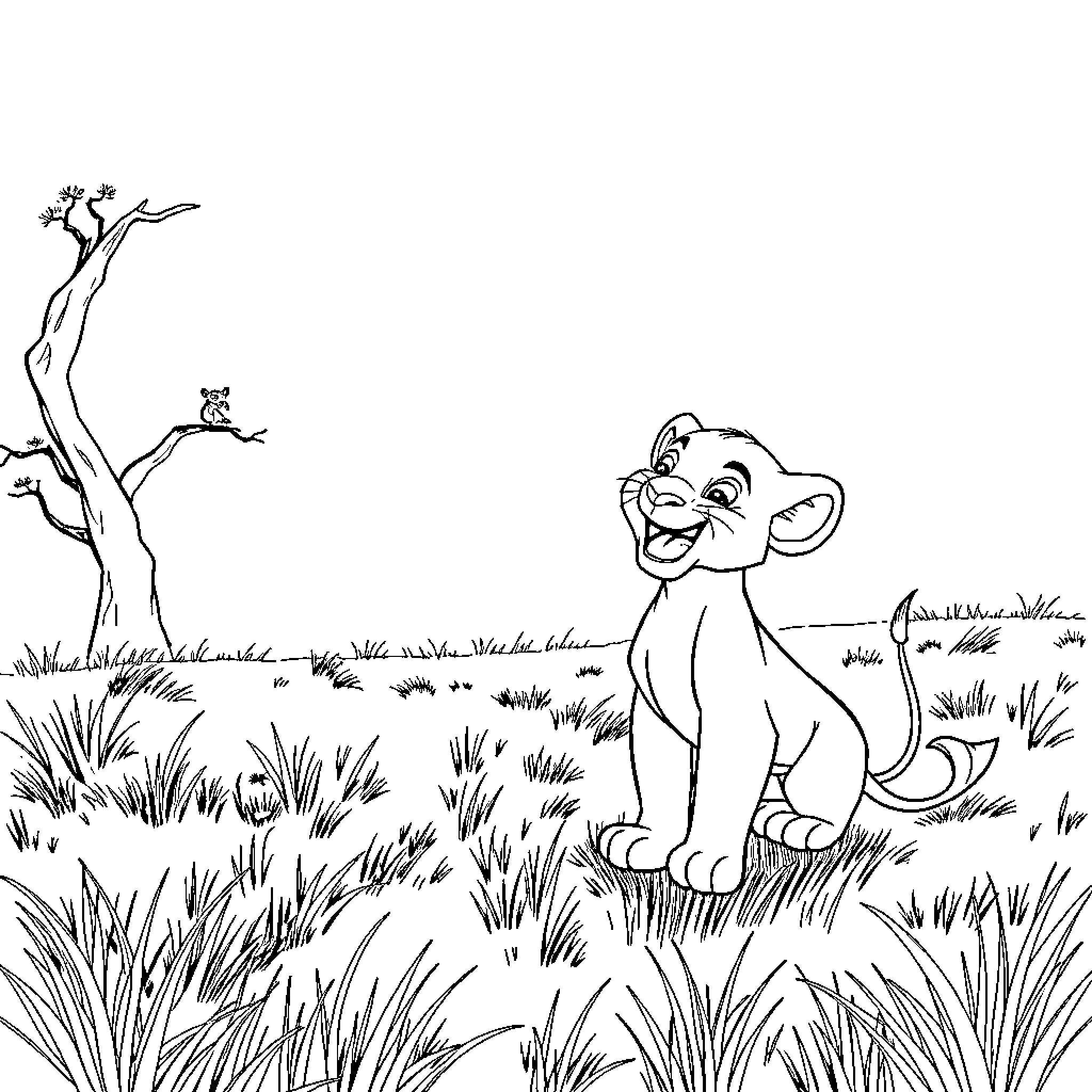 Simba exploring the serene wilderness Coloring Page (free black-and-white line drawing printable PDF for all, from beginners to advanced learners, including children, teens, adults, and seniors)