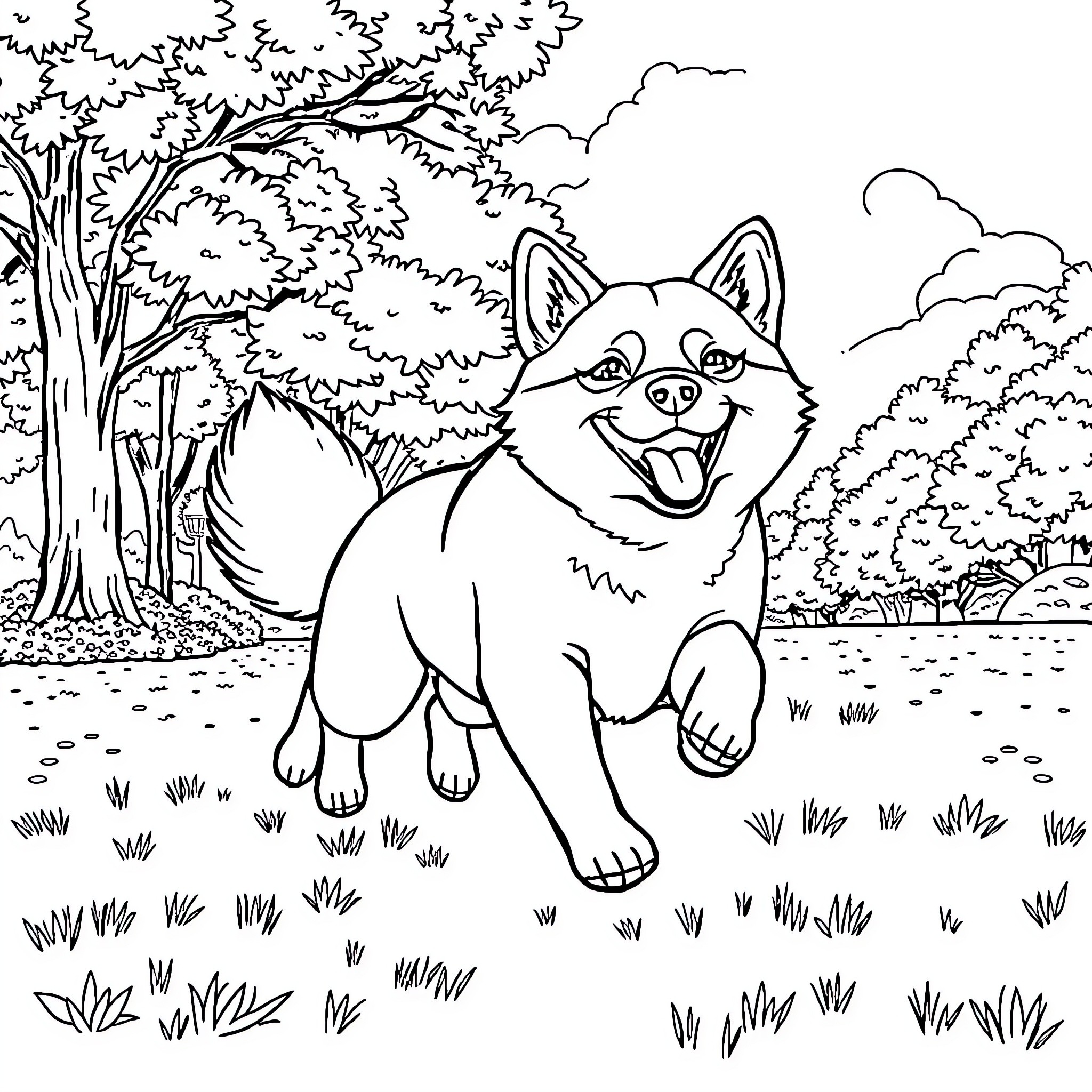 Shiba Inu playing happily in the forest Coloring Page (free black-and-white line drawing printable PDF for all, from beginners to advanced learners, including children, teens, adults, and seniors)