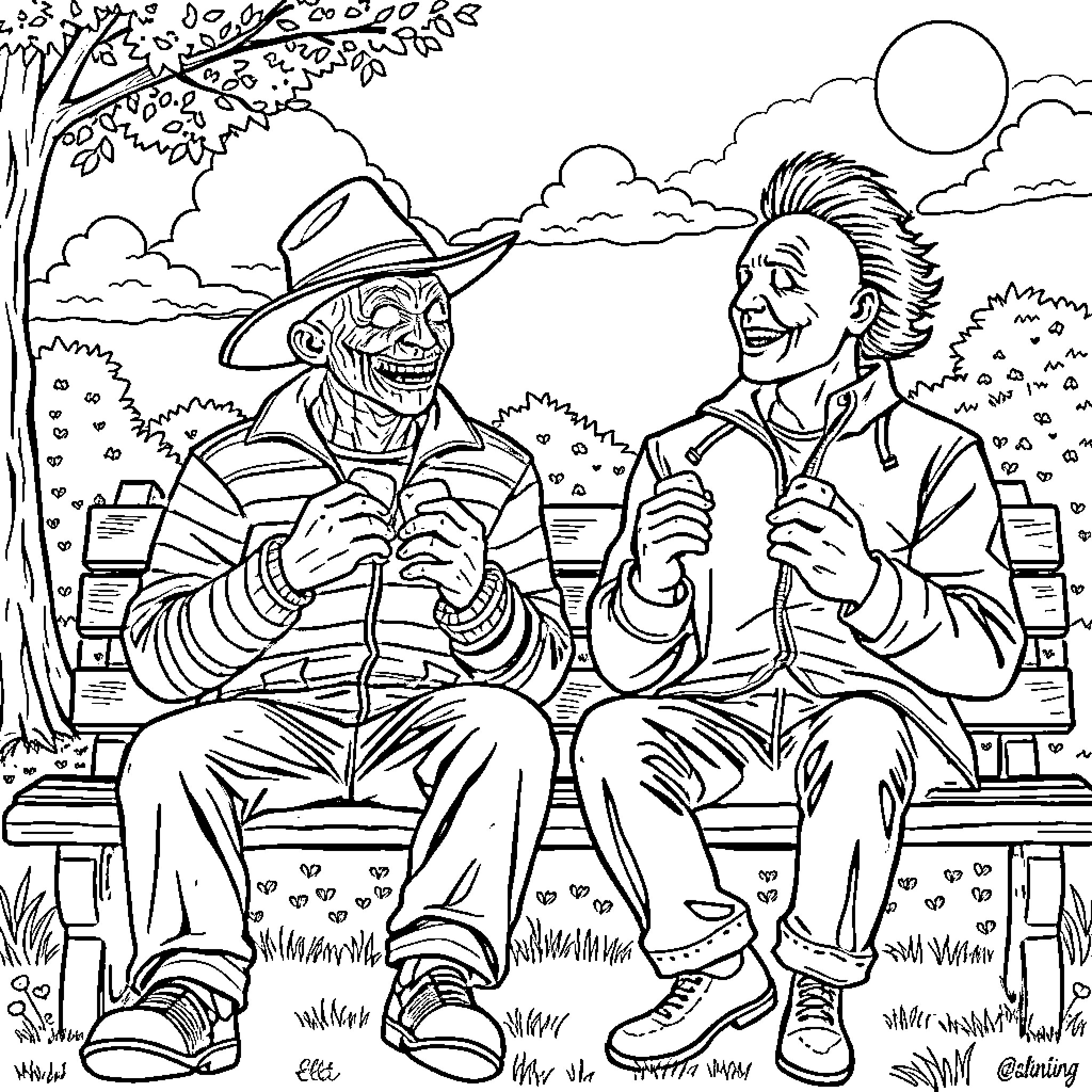 Freddy Krueger and friend enjoying the outdoors Coloring Page (free black-and-white line drawing printable PDF for all, from beginners to advanced learners, including children, teens, adults, and seniors)