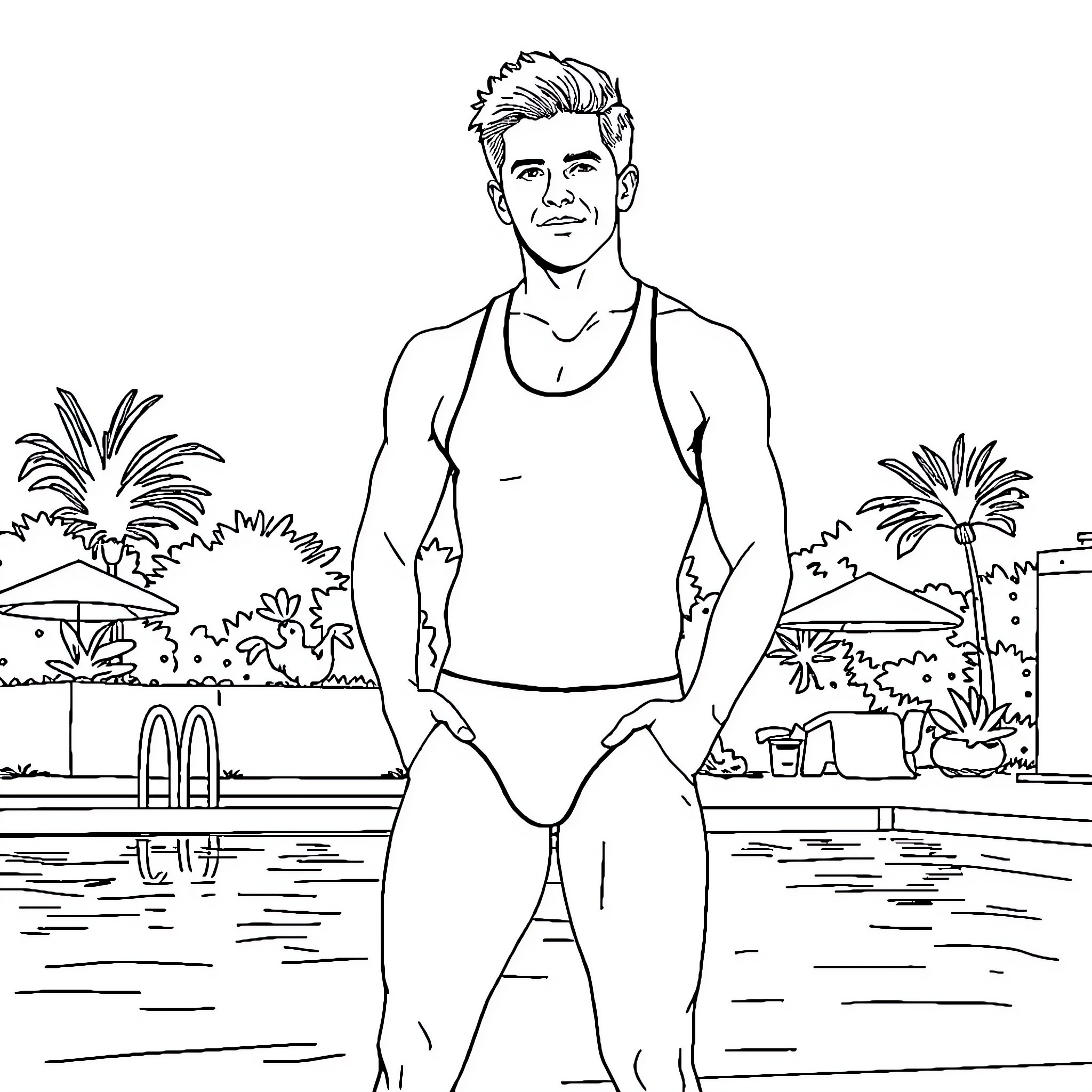Pedro Pascal relaxing poolside in tropical setting Coloring Page (free black-and-white line drawing printable PDF for all, from beginners to advanced learners, including children, teens, adults, and seniors)