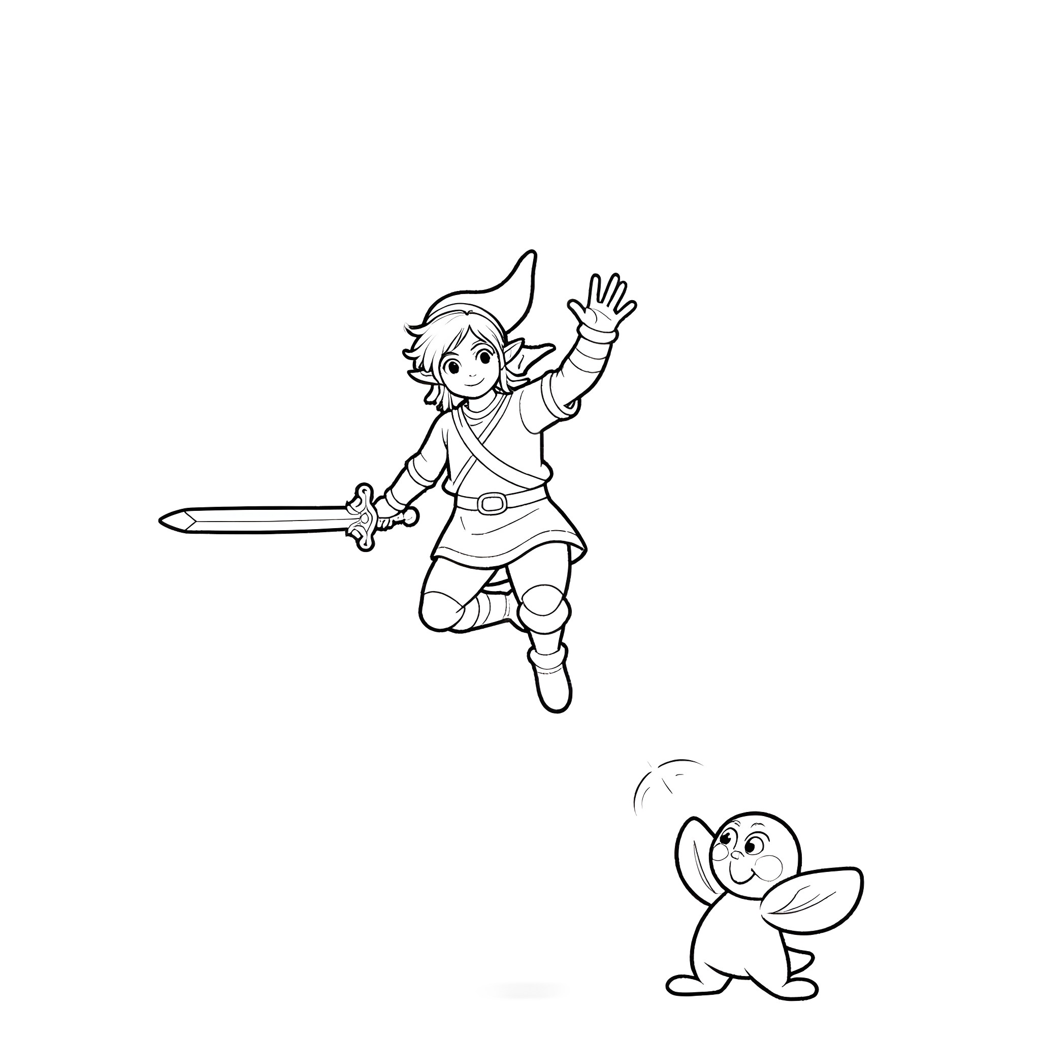 Link Jumping with Sword and Friendly Mushroom Coloring Page (free black-and-white line drawing printable PDF for all, from beginners to advanced learners, including children, teens, adults, and seniors)