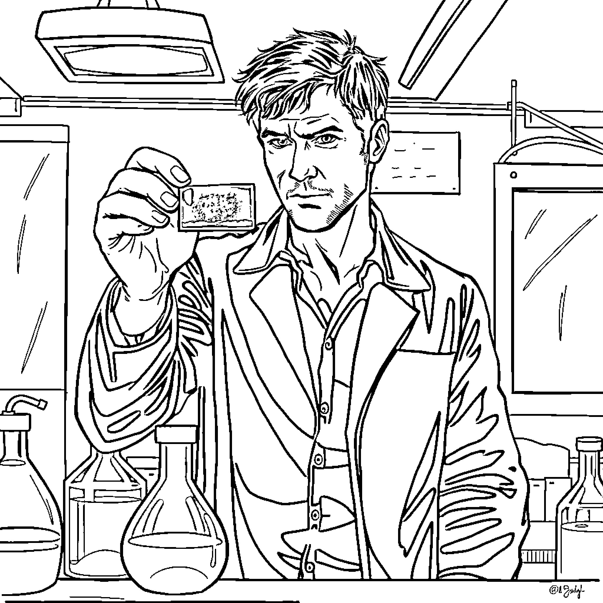 Dexter Morgan examining evidence in his laboratory Coloring Page (free black-and-white line drawing printable PDF for all, from beginners to advanced learners, including children, teens, adults, and seniors)