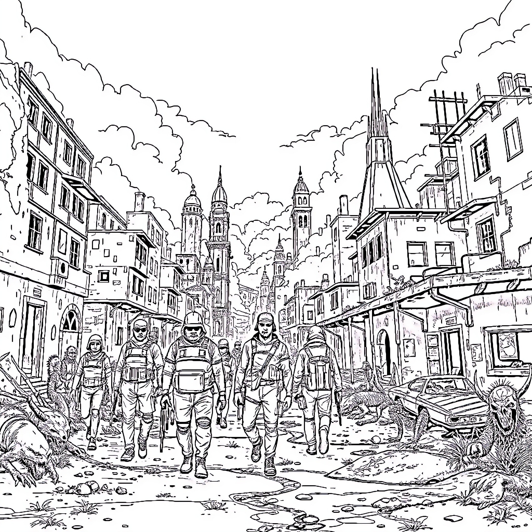 Walking Dead: Survivors Navigate Apocalyptic Urban Landscape Coloring Page (free black-and-white line drawing printable PDF for all, from beginners to advanced learners, including children, teens, adults, and seniors)