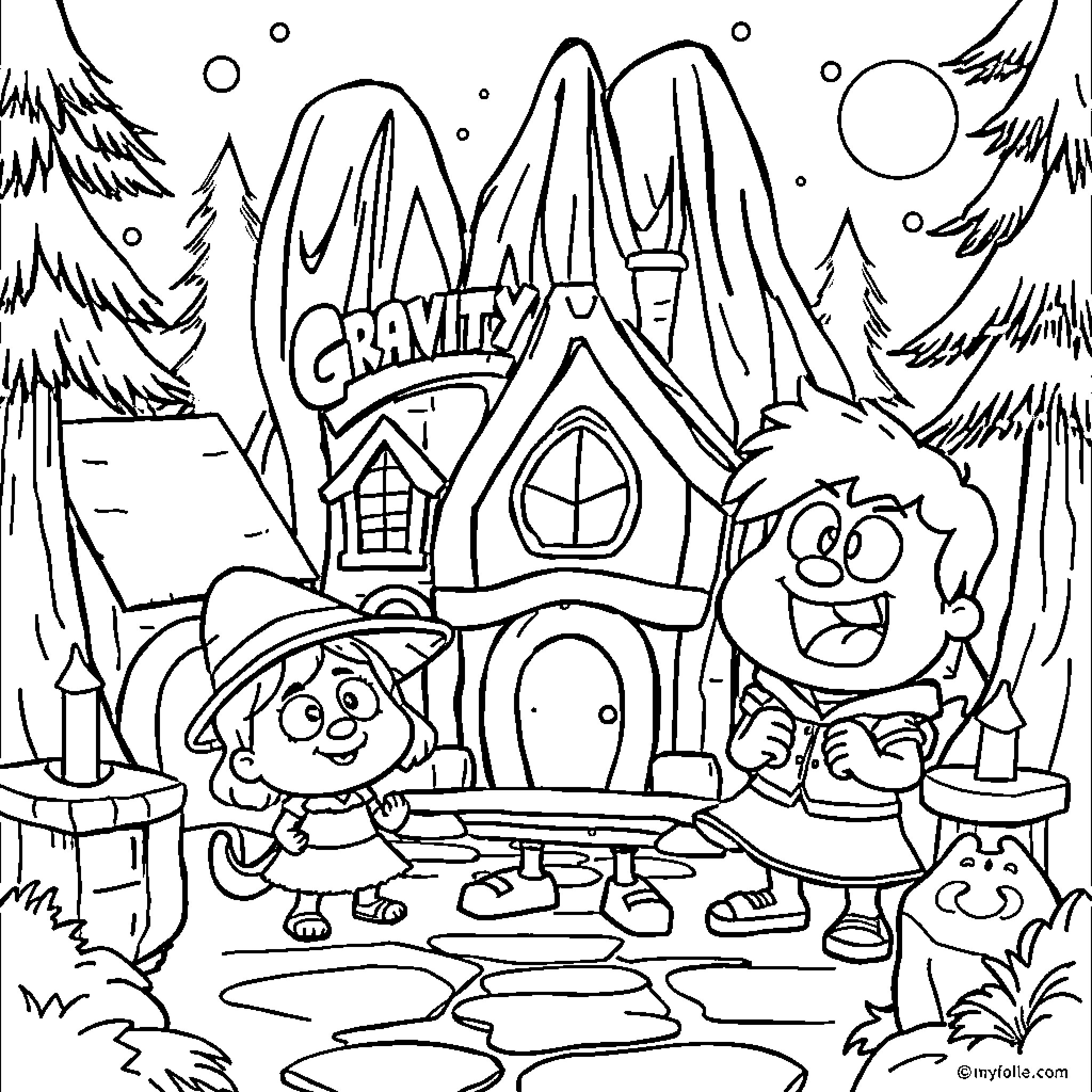 Gravity Falls: Cartoon characters exploring a whimsical town Coloring Page (free black-and-white line drawing printable PDF for all, from beginners to advanced learners, including children, teens, adults, and seniors)