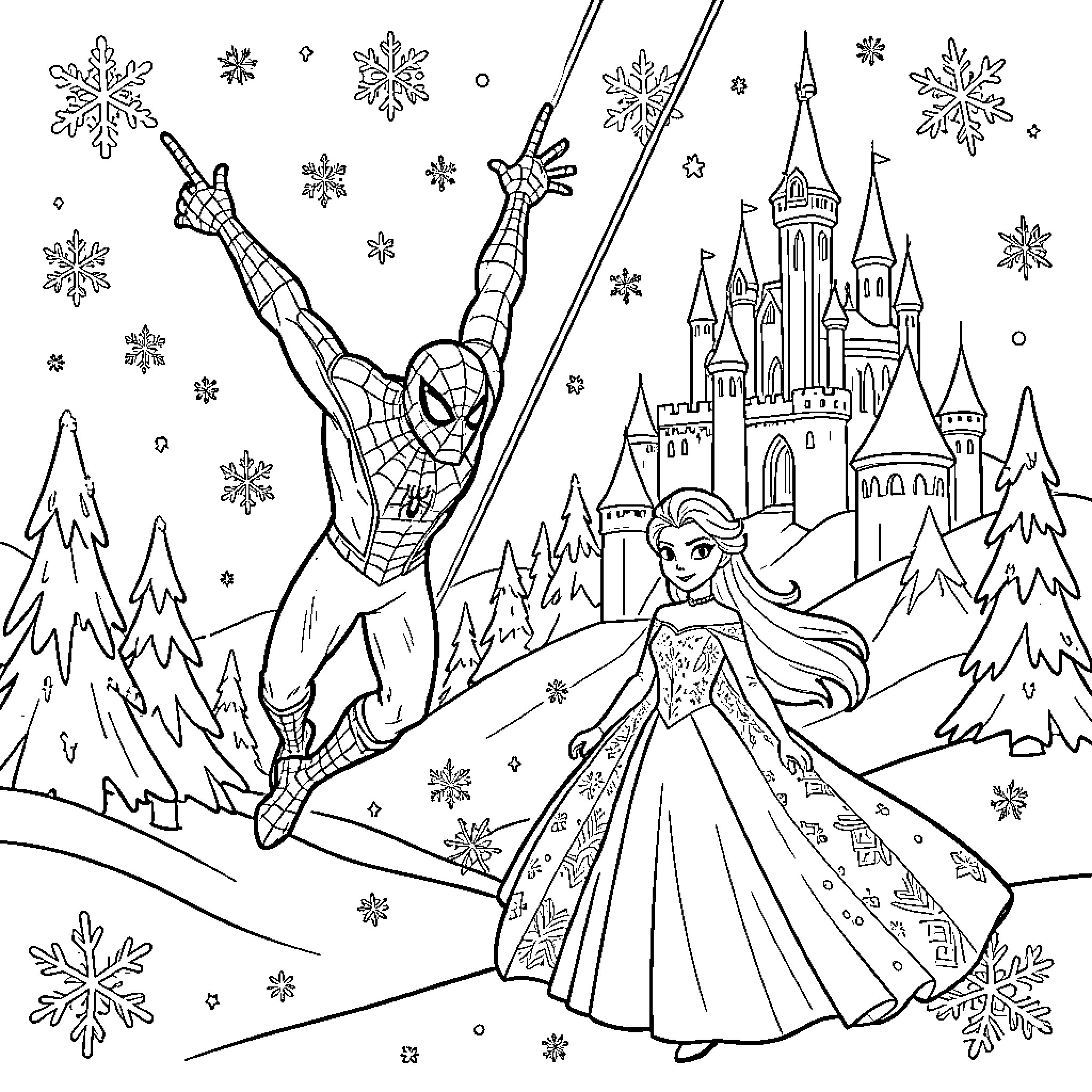Spider-Man swinging through snowy winter wonderland Coloring Page (free black-and-white line drawing printable PDF for all, from beginners to advanced learners, including children, teens, adults, and seniors)