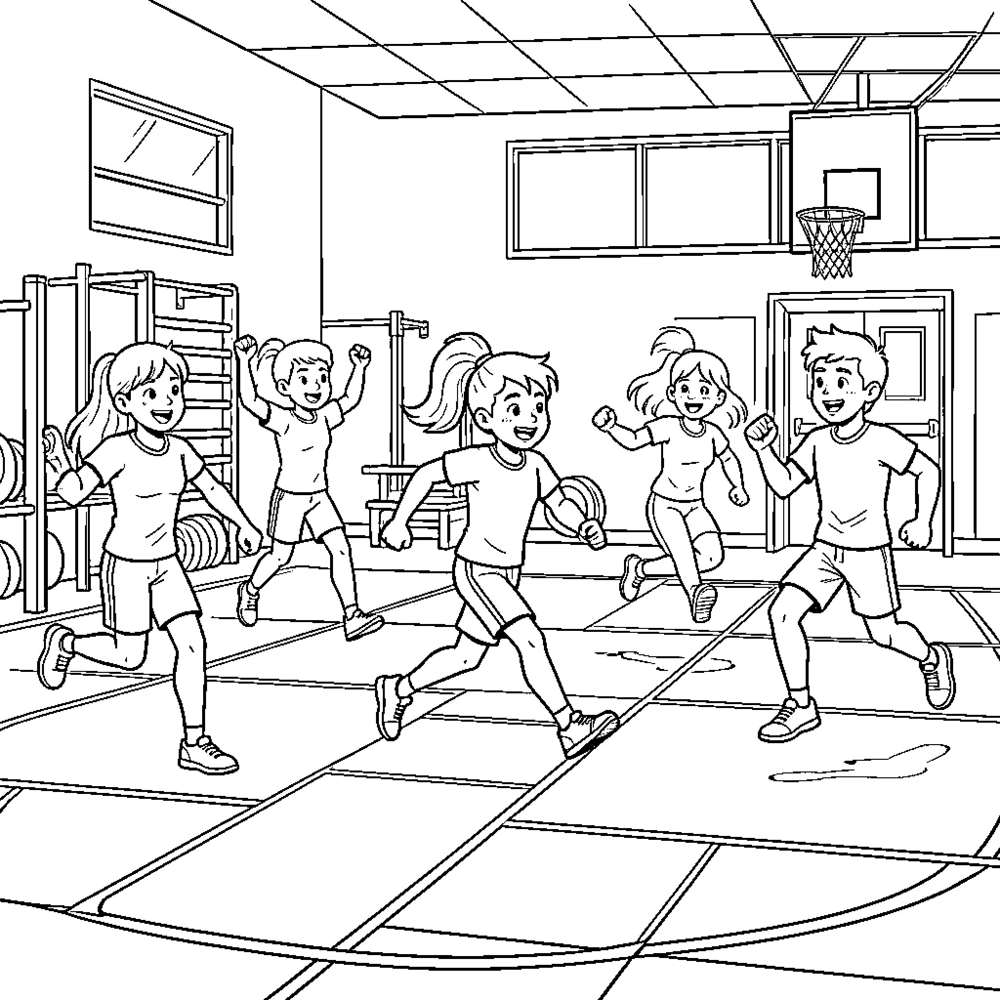 Gym kids playing and exercising Coloring Page (free black-and-white line drawing printable PDF for all, from beginners to advanced learners, including children, teens, adults, and seniors)