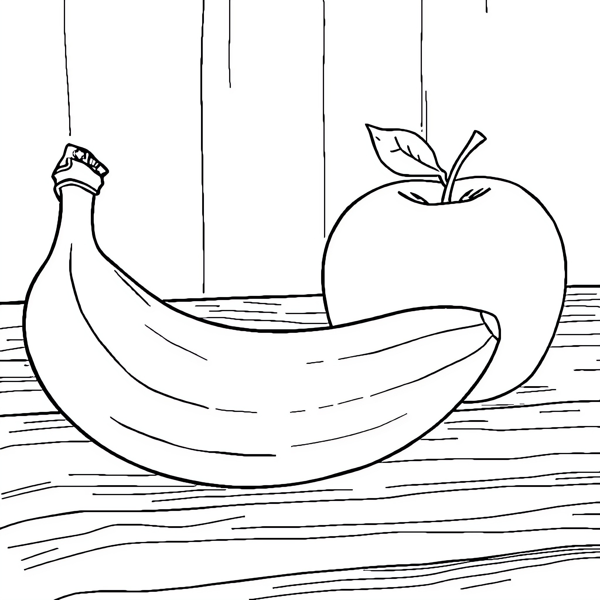 Fruit on Wooden Table Coloring Page (free black-and-white line drawing printable PDF for all, from beginners to advanced learners, including children, teens, adults, and seniors)