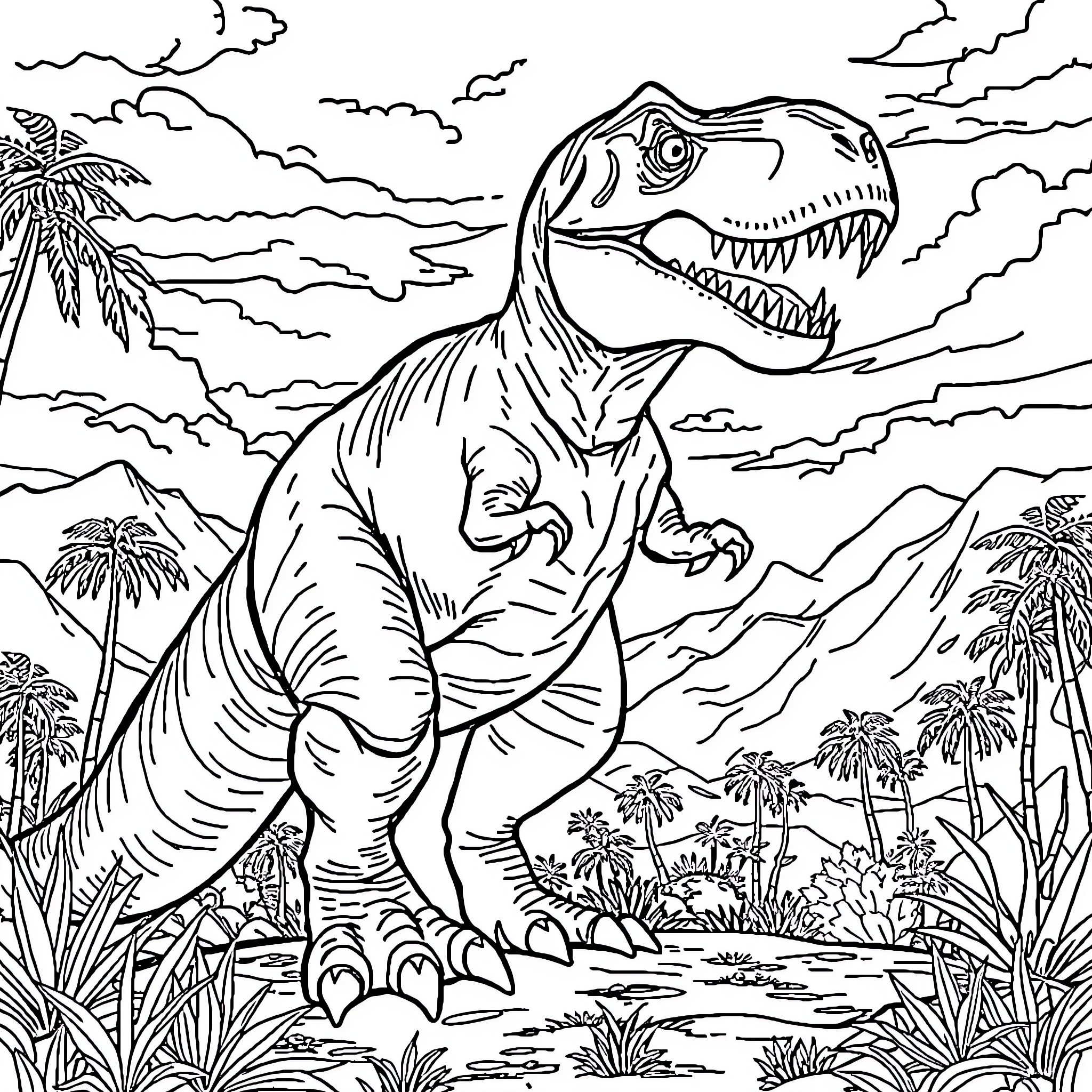 Tyrannosaurus Rex Roaring in Prehistoric Landscape Coloring Page (free black-and-white line drawing printable PDF for all, from beginners to advanced learners, including children, teens, adults, and seniors)