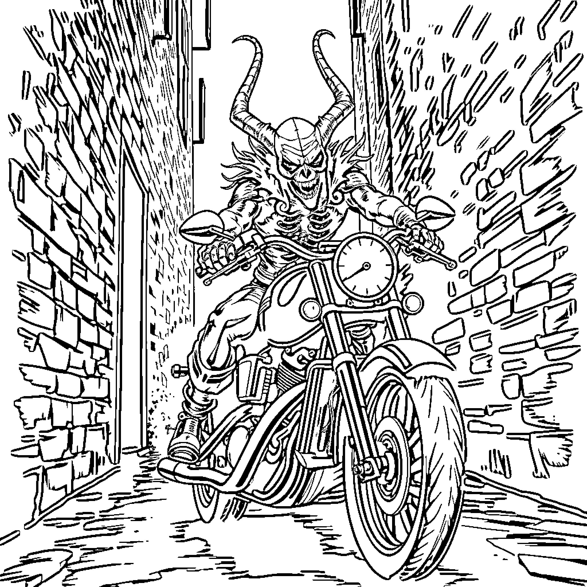 Vecna's Demonic Motorcycle Rampage Coloring Page (free black-and-white line drawing printable PDF for all, from beginners to advanced learners, including children, teens, adults, and seniors)